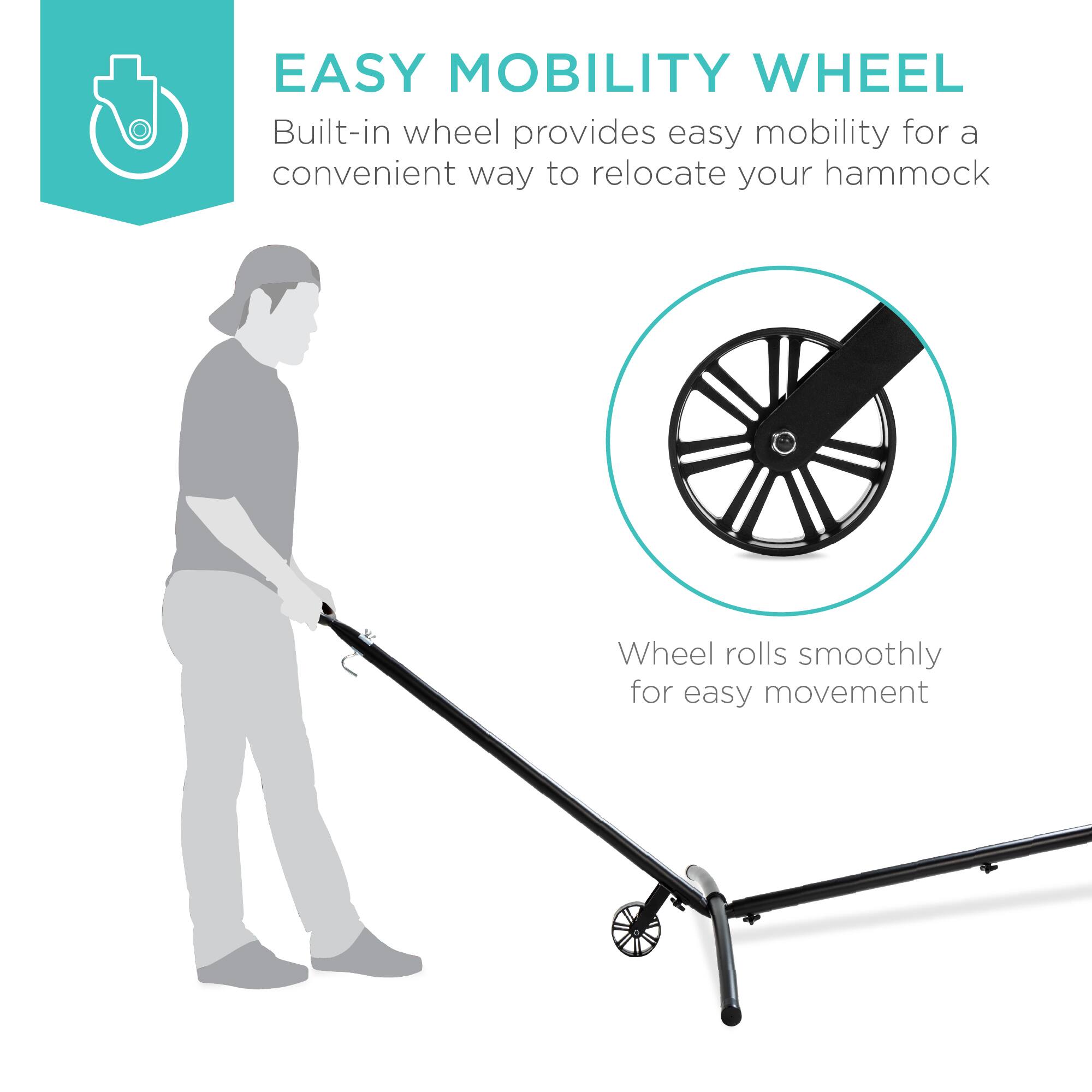 EASY MOBILITY WHEEL

Built-in wheel provides easy mobility for a convenient way to relocate your hammock

Wheel rolls smoothly for easy movement