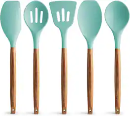 Zulay Kitchen - 5-Piece Non-Stick Cooking Utensils Set with Authentic Acacia Wood Handles - Aqua