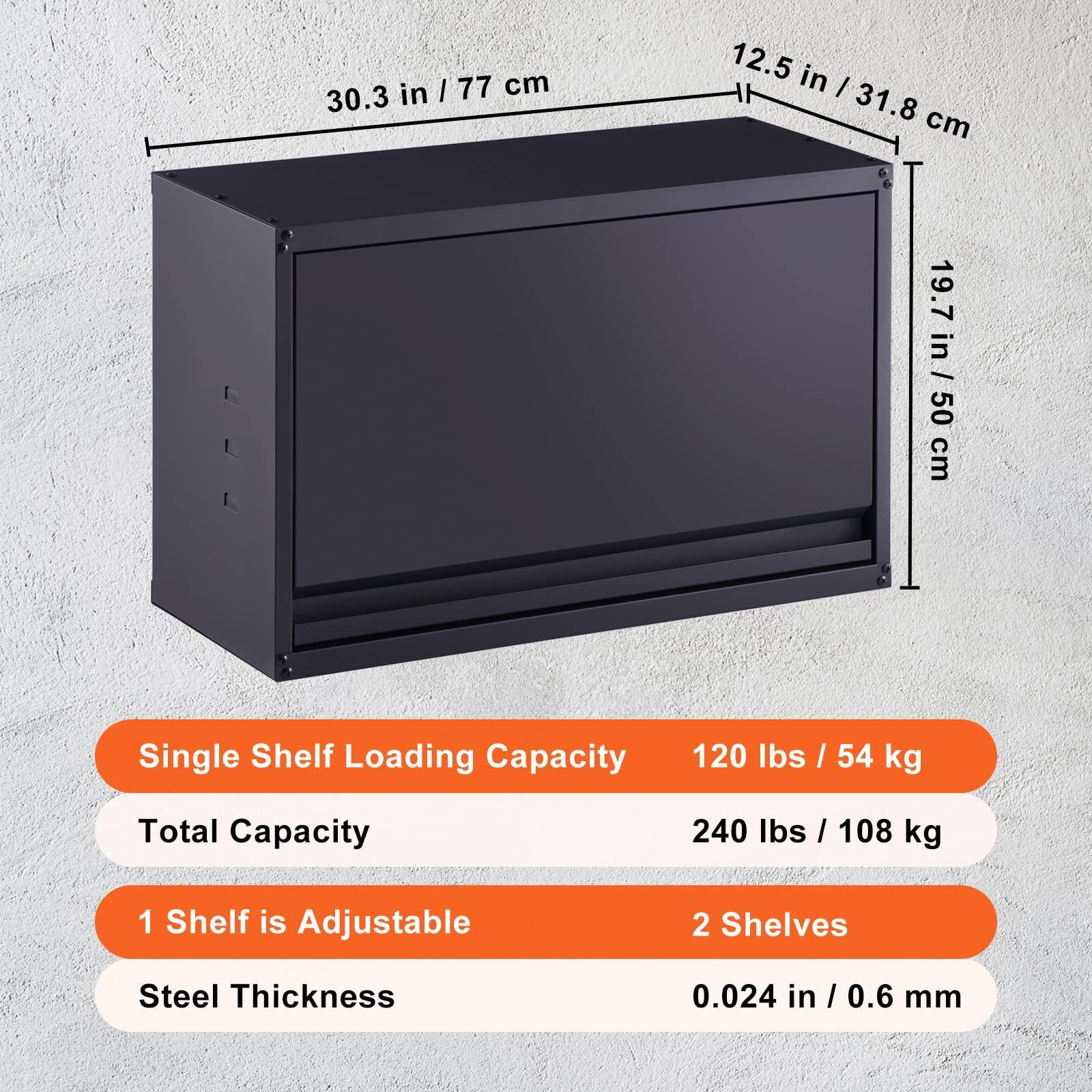 - **Dimensions:**
  - Width: 30.3 in / 77 cm
  - Depth: 12.5 in / 31.8 cm
  - Height: 19.7 in / 50 cm

- **Capacity:**
  - Single Shelf Loading Capacity: 120 lbs / 54 kg
  - Total Capacity: 240 lbs / 108 kg

- **Features:**
  - 1 Shelf is Adjustable
  - 2 Shelves

- **Material:**
  - Steel Thickness: 0.024 in / 0.6 mm