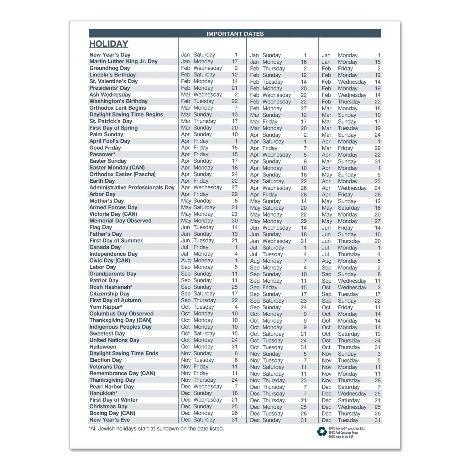 Sure, here is the corrected and grouped text from the image:

---

**HOLIDAY**

- New Year's Day: Jan 1, Saturday
- Martin Luther King Jr. Day: Jan 16, Monday
- Groundhog Day: Feb 2, Tuesday
- Lincoln's Birthday: Feb 12, Wednesday
- St. Valentine's Day: Feb 14, Thursday
- Ash Wednesday: Feb 22, Tuesday
- Washington's Birthday: Feb 20, Sunday
- Orthodox Lent Begins: Mar 1, Monday
- Daylight Saving Time Begins: Mar 12, Monday
- St. Patrick's Day: Mar 17, Friday
- First Day of Spring: Mar 20, Sunday
- Palm Sunday: Apr 1, Sunday
- Good Friday: Apr 6, Friday
- Easter Sunday: Apr 15, Sunday
- Easter Monday (CAN): Apr 16, Monday
- Orthodox Easter (Pascha): Apr 22, Sunday
- Earth Day: Apr 22, Friday
- Administrative Professionals Day: Apr 26, Tuesday
- Arbor Day: Apr 27, Wednesday
- Mother's Day: May