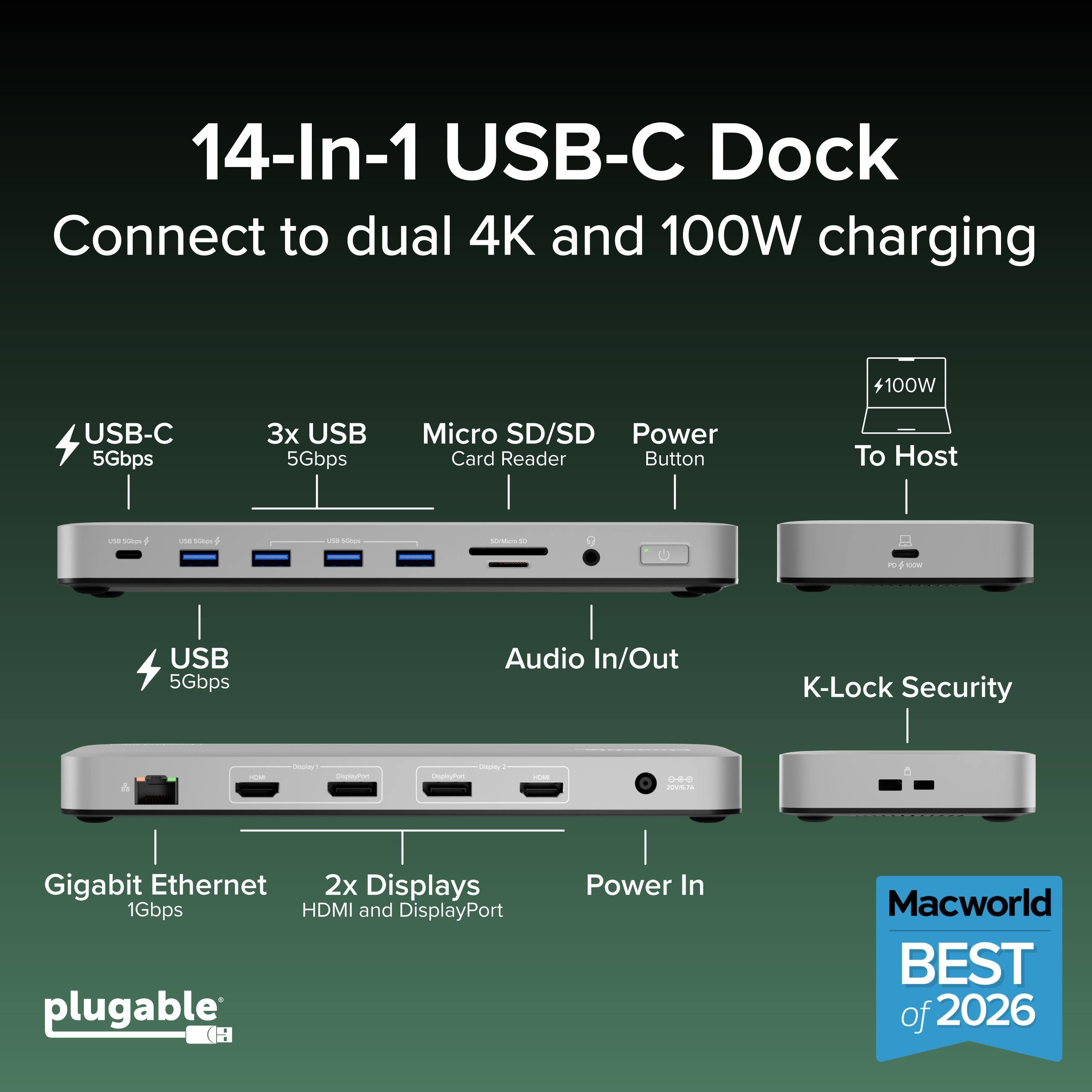 14-In-1 USB-C Dock  
Connect to dual 4K and 100W charging  
100W USB-C 5Gbps  
3x USB 5Gbps  
Micro SD/SD Card Reader  
Power Button  
USB 5Gbps  
Audio In/Out  
K-Lock Security  
Gigabit Ethernet 1Gbps  
2x Displays HDMI and DisplayPort  
Power In  
plugable  
Macworld BEST of 2026