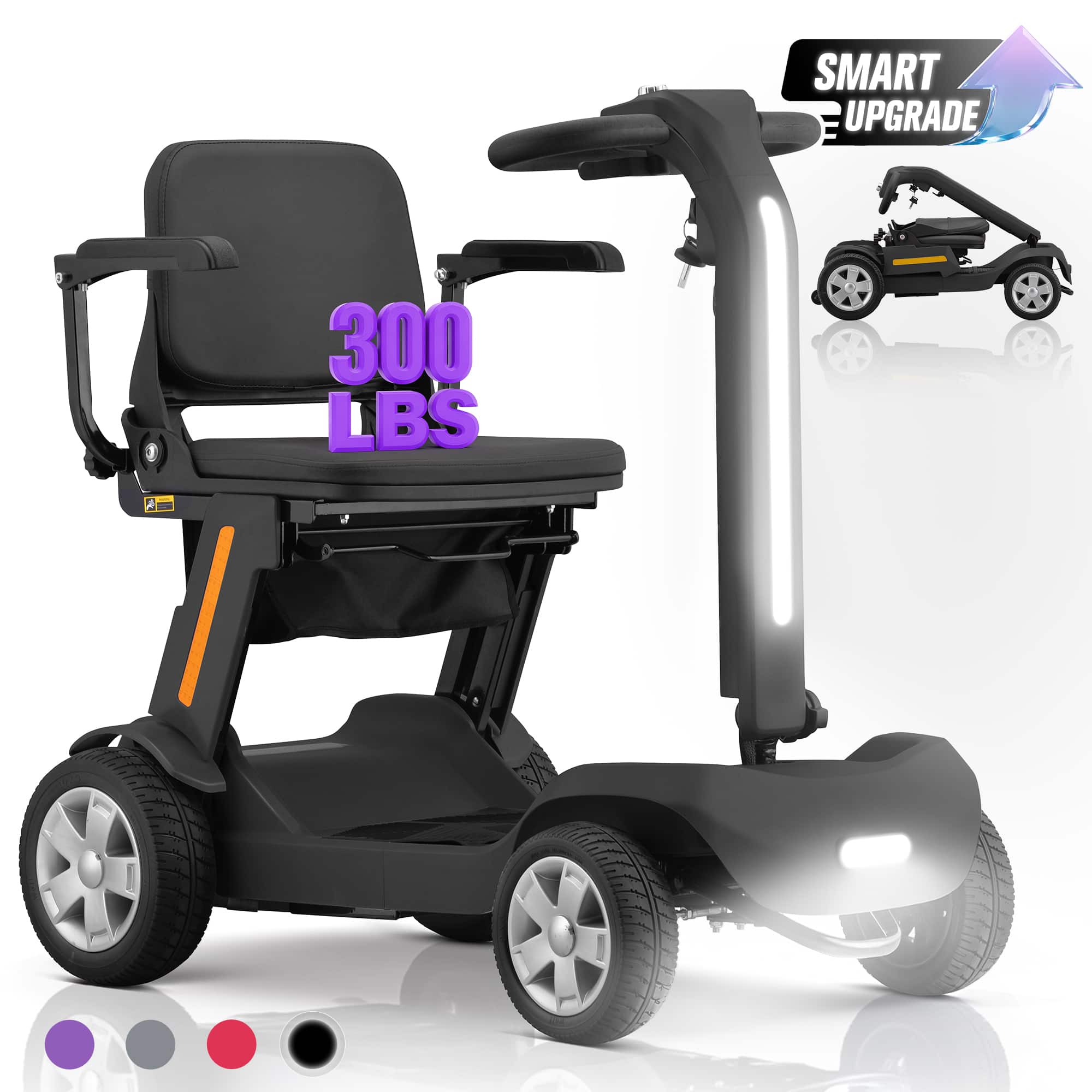 Hover Heart - 4-Wheel Foldable Electric Mobility Scooter for Adults & Seniors, Lightweight Portable Travel Scooter with LED Lights, St - Purple