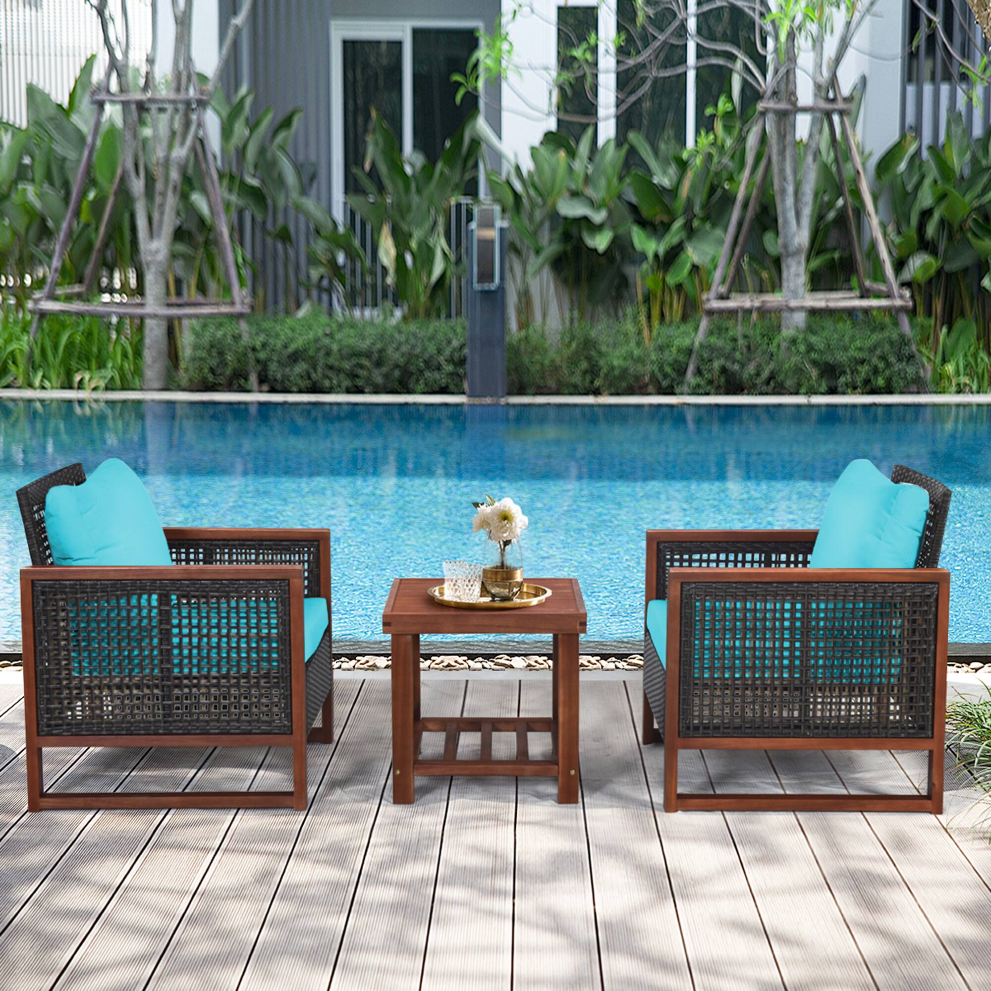 Alt View 2. Gymax - Gymax 3PCS Rattan Wicker Patio Conversation Set Outdoor Furniture Set w/ Turquoise Cushion - Turquoise.
