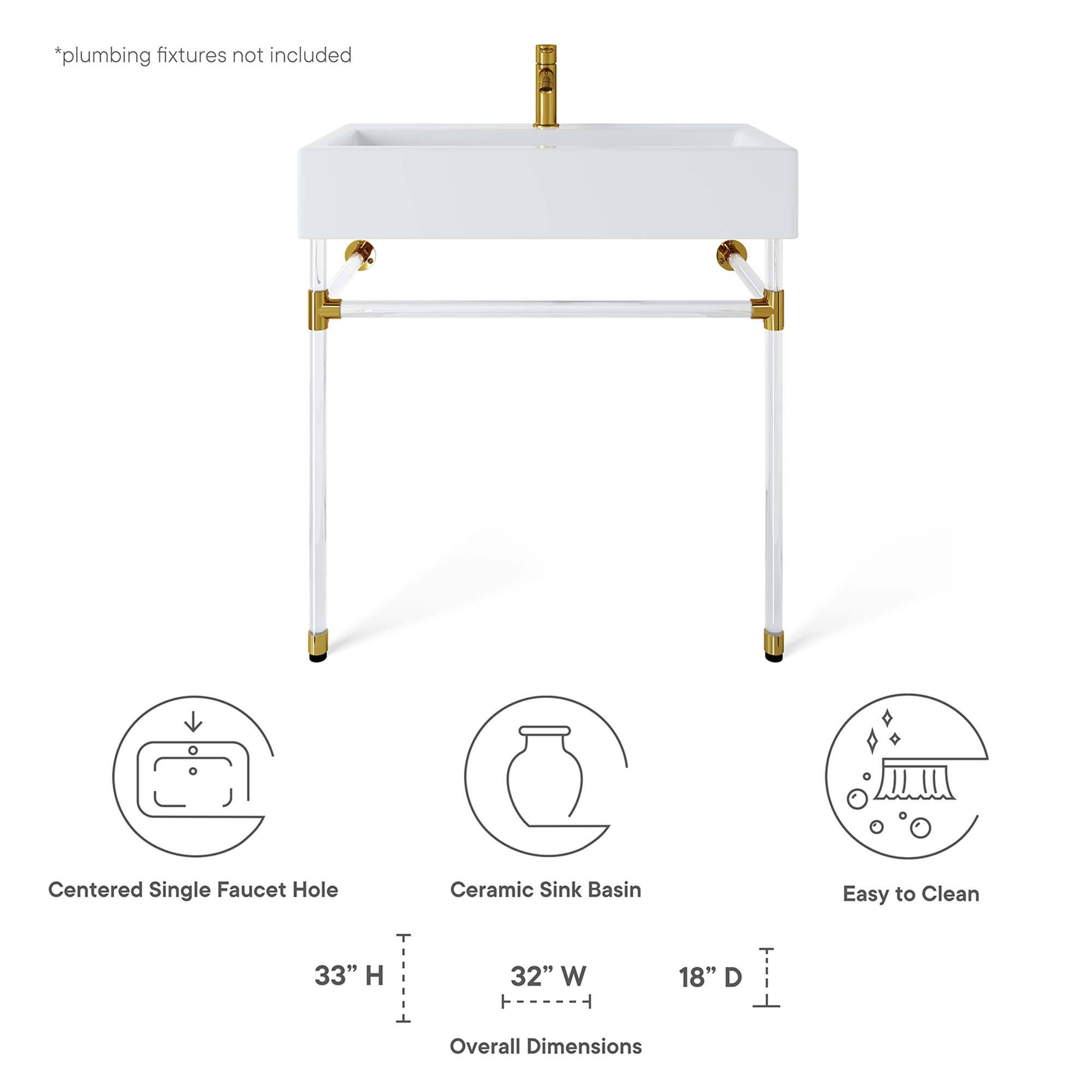 *plumbing fixtures not included  
Centered Single Faucet Hole  
Ceramic Sink Basin  
Easy to Clean  

33" H  
32" W  
18" D  

Overall Dimensions