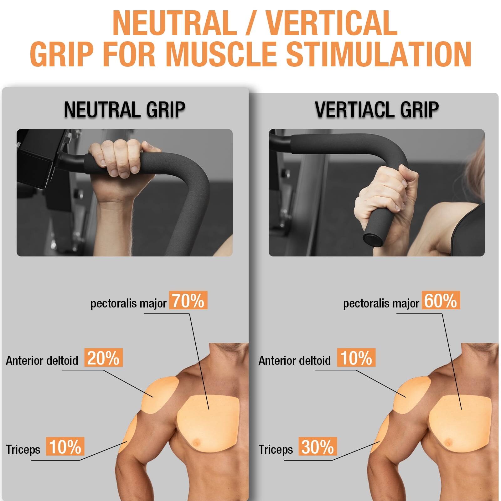 NEUTRAL / VERTICAL GRIP FOR MUSCLE STIMULATION

NEUTRAL GRIP
VERTICAL GRIP

pectoralis major 70%
pectoralis major 60%
Anterior deltoid 20%
Anterior deltoid 10%
Triceps 10%
Triceps 30%