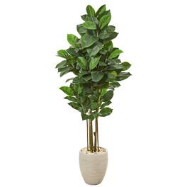 BreeBe - 65" Rubber Leaf Artificial Tree in Sand Colored Planter - Green