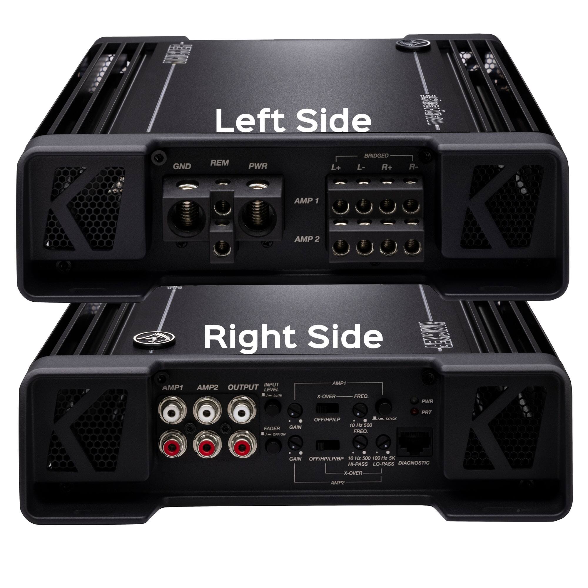 - Left Side
  - BRIDGED
  - REM
  - PWR
  - L+
  - L-
  - R+
  - R-
  - AMP 1
  - AMP 2

- Right Side
  - INPUT
  - AMP1
  - AMP2
  - OUTPUT LEVEL
  - X-OVER
  - FREO
  - PWR
  - FADER
  - GAIN
  - OFF/HPILP
  - 10Hz 500 FREQ
  - SEPEX
  - PRT
  - 0 GAIN
  - OFFIHPILPIBP
  - 10 Mz 500 100 Hz 5K
  - HI-PASS LO-PASS
  - DIAGNOSTIC
  - X-OVER
  - AMP2