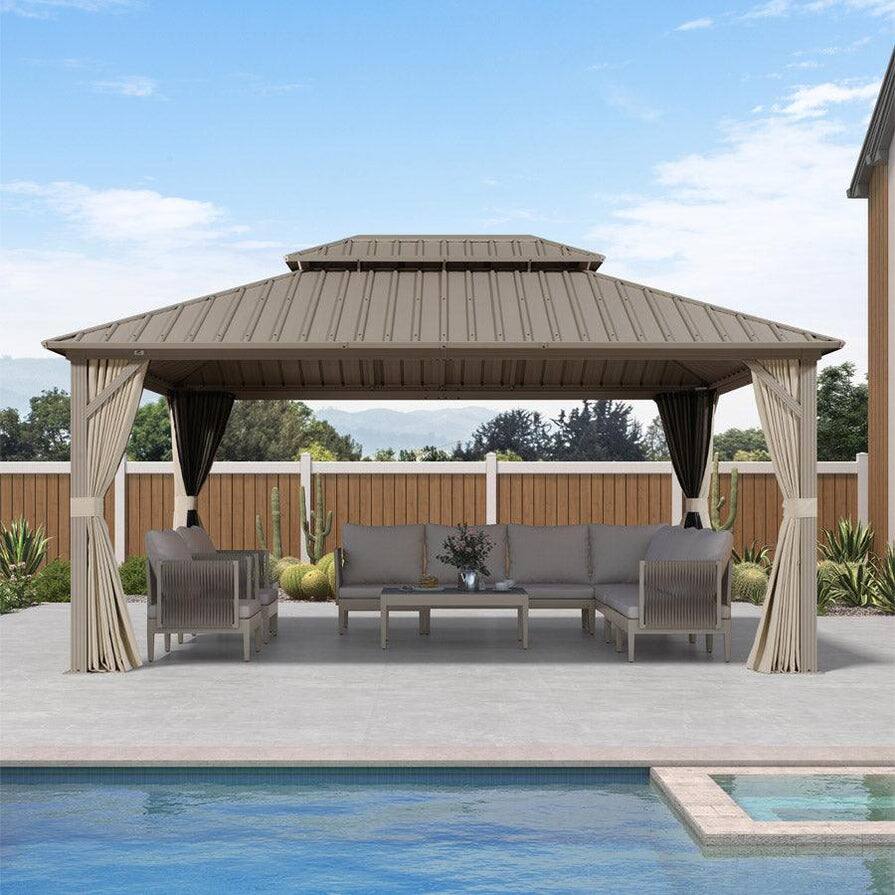 Front. PURPLE LEAF - 12 X 16 FT Outdoor Aluminum Champagne Hardtop Gazebo with Galvanized Steel Double Roof with Netting and Curtains - 12' X 16'.