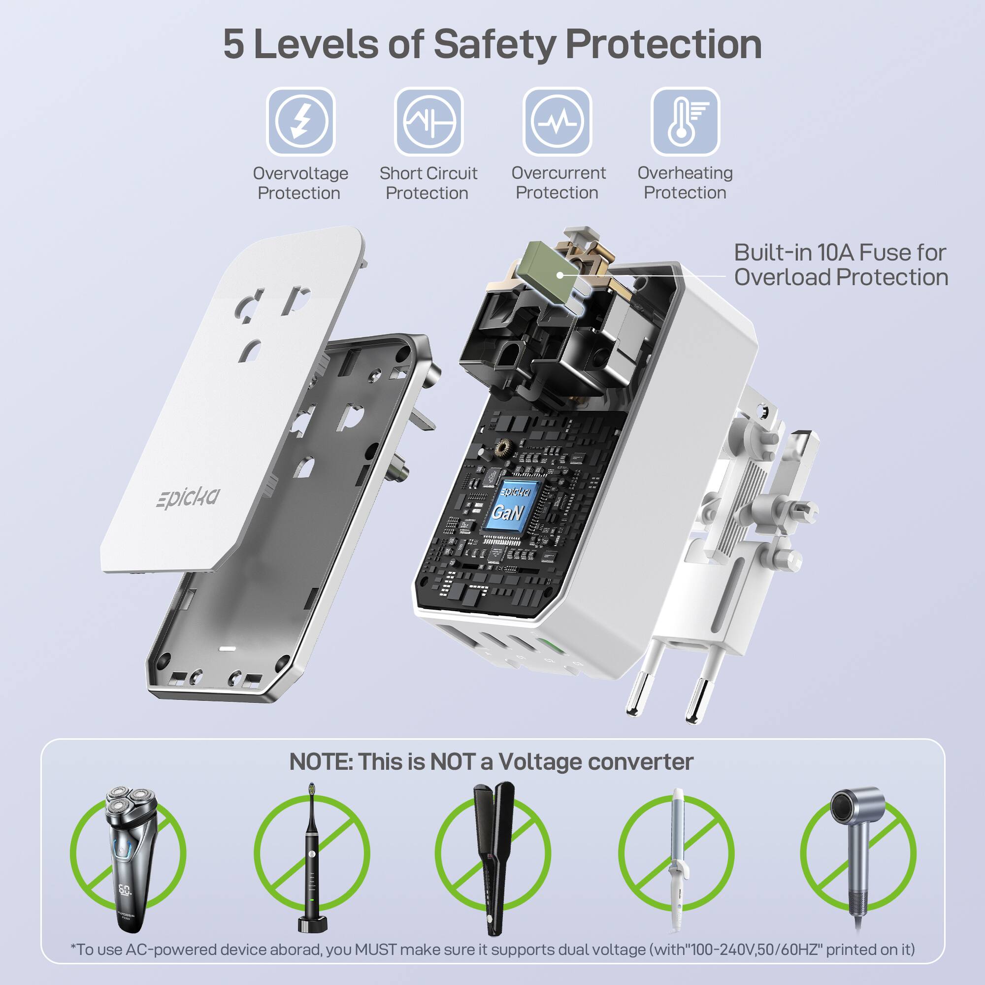 5 Levels of Safety Protection  
- Overvoltage Protection  
- Short Circuit Protection  
- Overcurrent Protection  
- Overheating Protection  
- Built-in 10A Fuse for Overload Protection  

NOTE: This is NOT a Voltage converter  
*To use AC-powered device abroad, you MUST make sure it supports dual voltage (with "100-240V, 50/60Hz" printed on it)