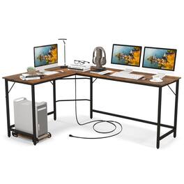 Kadyn - L-Shaped Computer Desk with CPU Stand Power Outlets and USB Ports-Rustic Home Office Desks, Gaming Computer Desks - Brown