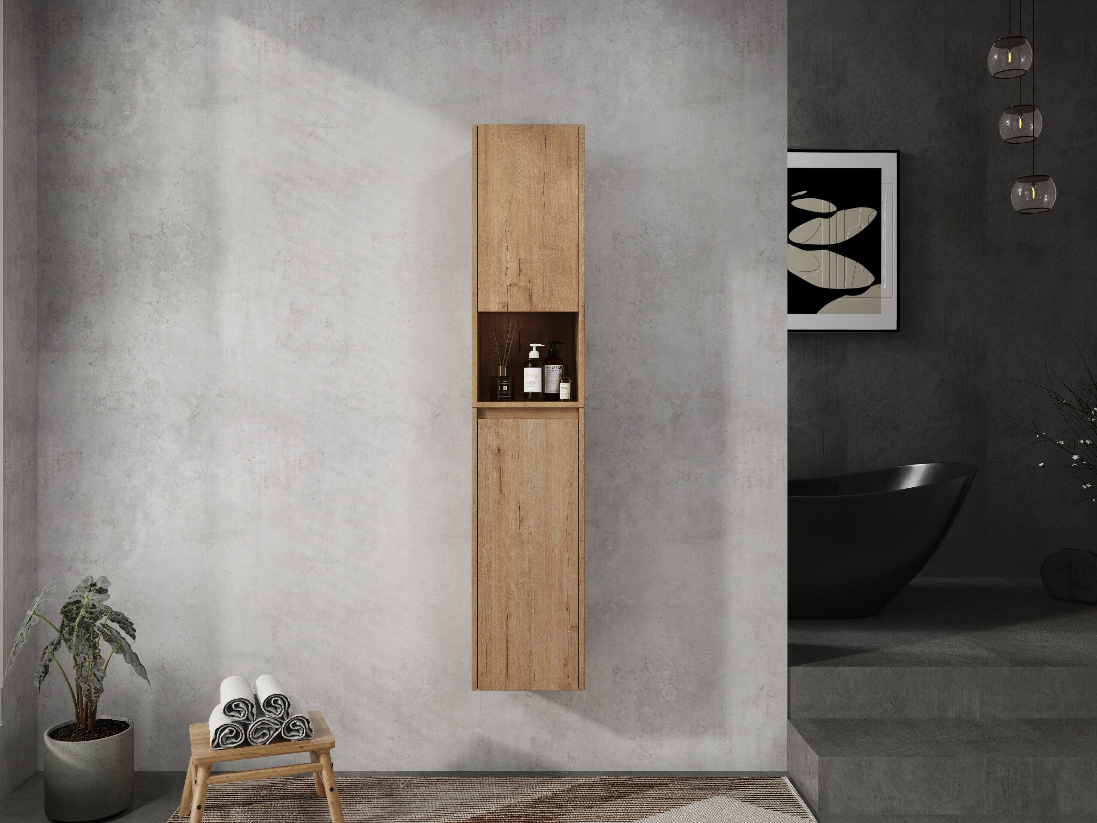 Angle. TinyHomie - 12in Bathroom Side Cabinet Soft Close Doors Float Mounting Design Imitative Oak KD-Packing - Imitative Oak.