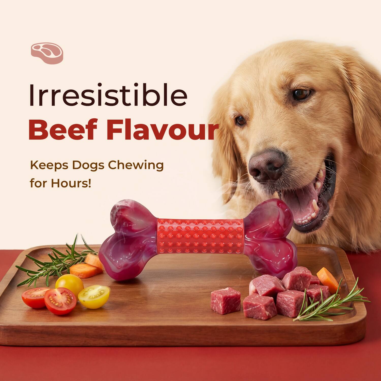 Irresistible Beef Flavour  
Keeps Dogs Chewing for Hours!