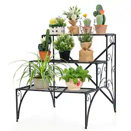 Costway - 3 Tier Stair Style Metal Plant Stand Garden Shelf Flower Pot Display Rack - Black