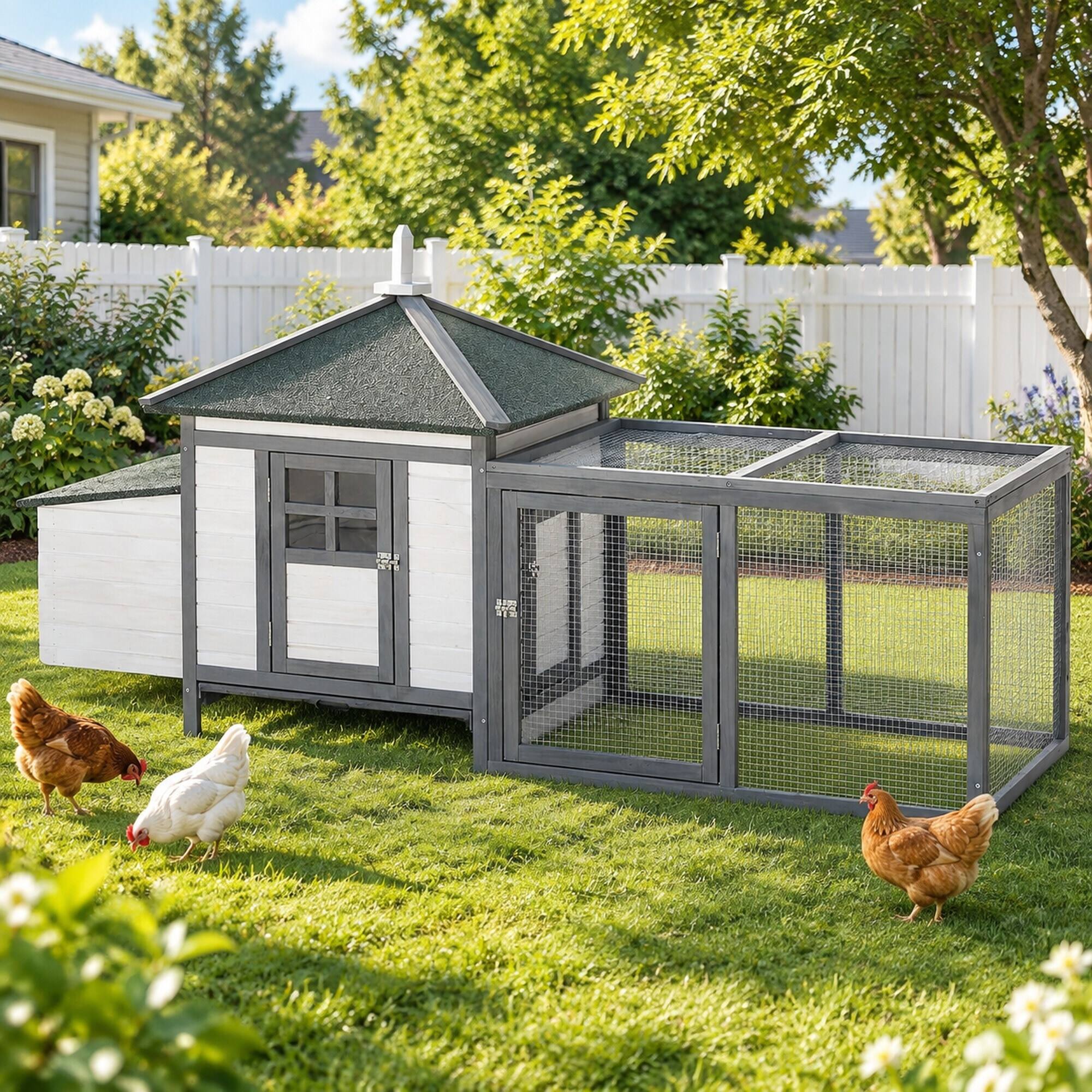 Alt View 2. RYHNUYNE - 77 in Wooden Chicken Coop, Fir Wood Hen House, Nesting Box, Removable Tray, Ramp Run, Gray.