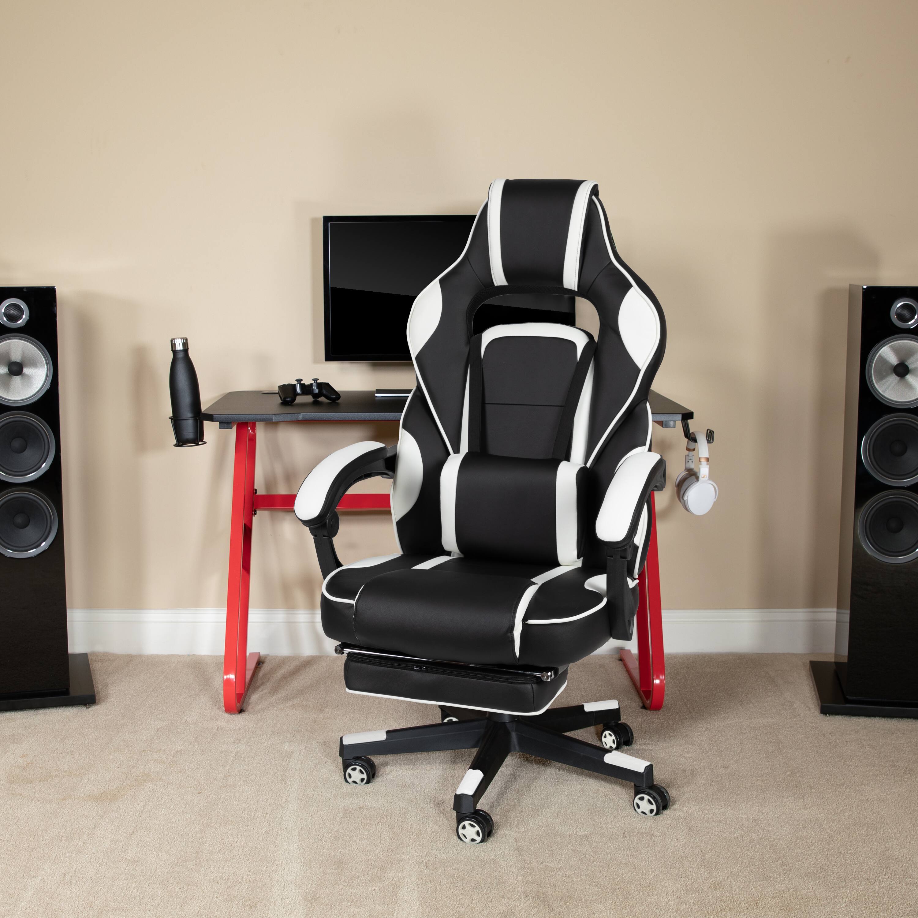 Alt View 1. Emma + Oliver - Gaming Bundle-Cup/Headphone Desk & Reclining Footrest Chair - White.