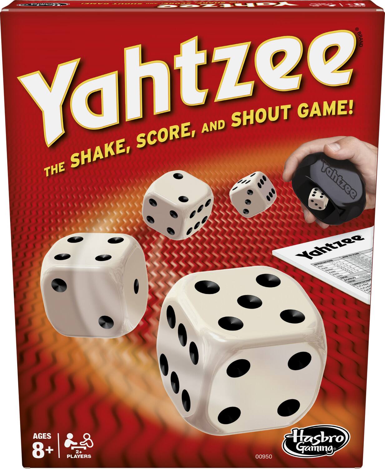 Yahtzee  
The Shake, Score, and Shout Game!  

Ages 8+  
2+ Players  

Hasbro Gaming  
00950