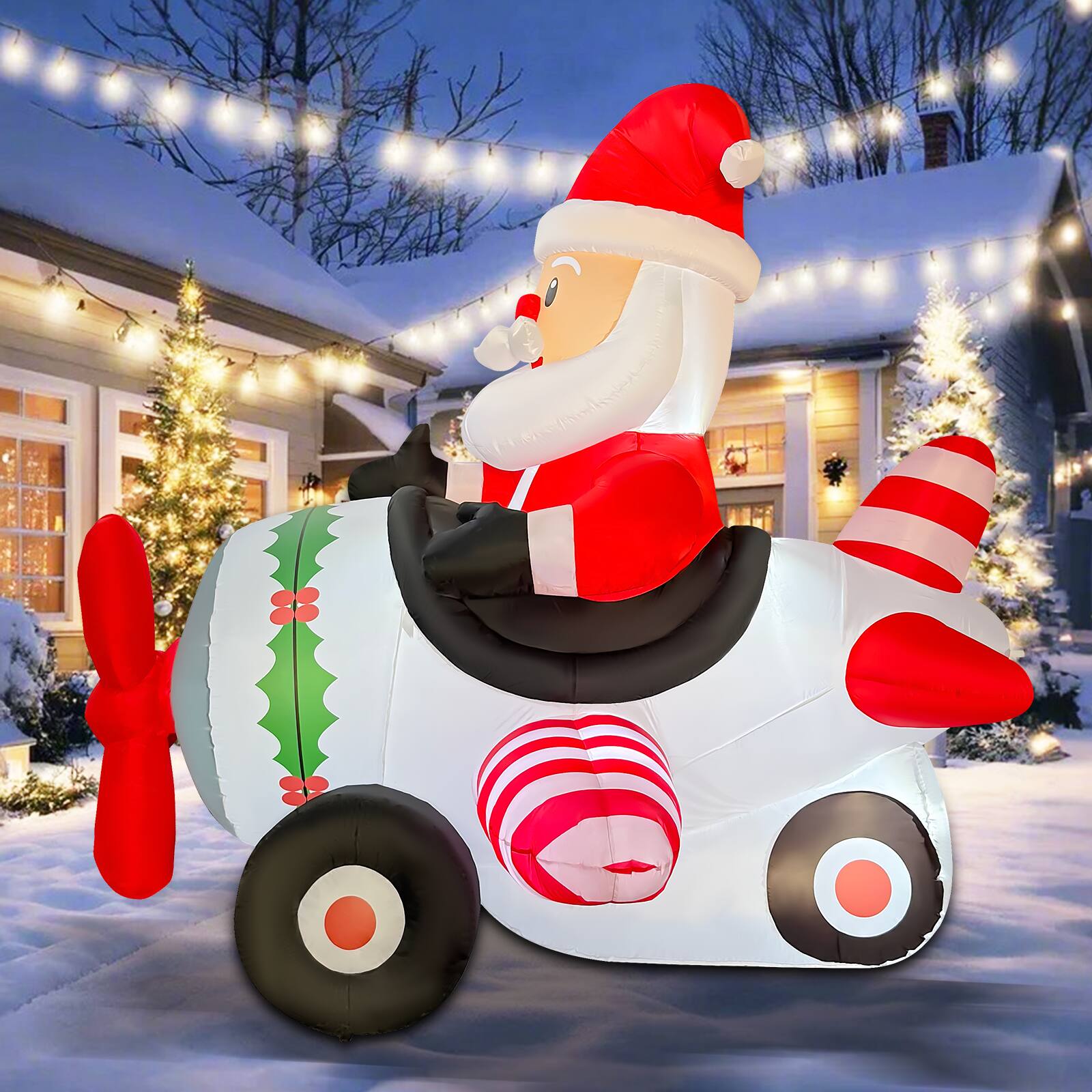 Left. GOOSH Inflatables - GOOSH 8.2FT Animated Santa Airplane Inflatable with Rotating Propeller and LED Lights - Red.