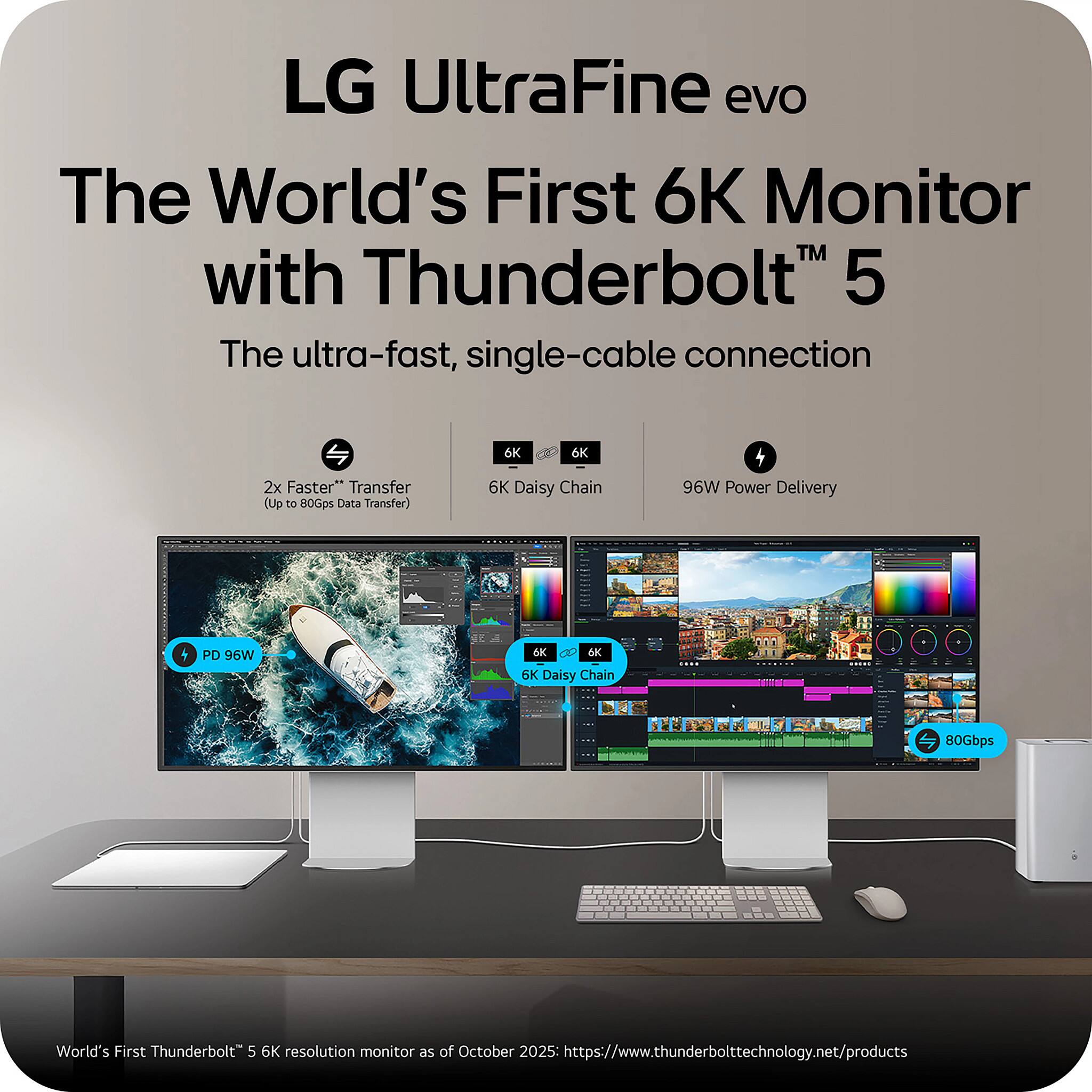LG UltraFine evo  
The World's First 6K Monitor with Thunderbolt™ 5  
The ultra-fast, single-cable connection  

- 2x Faster™ Transfer (Up to 80Gbps Data Transfer)  
- 6K Daisy Chain  
- 96W Power Delivery  

World's First Thunderbolt™ 5 6K resolution monitor as of October 2025:  
https://www.thunderbolttechnology.net/products