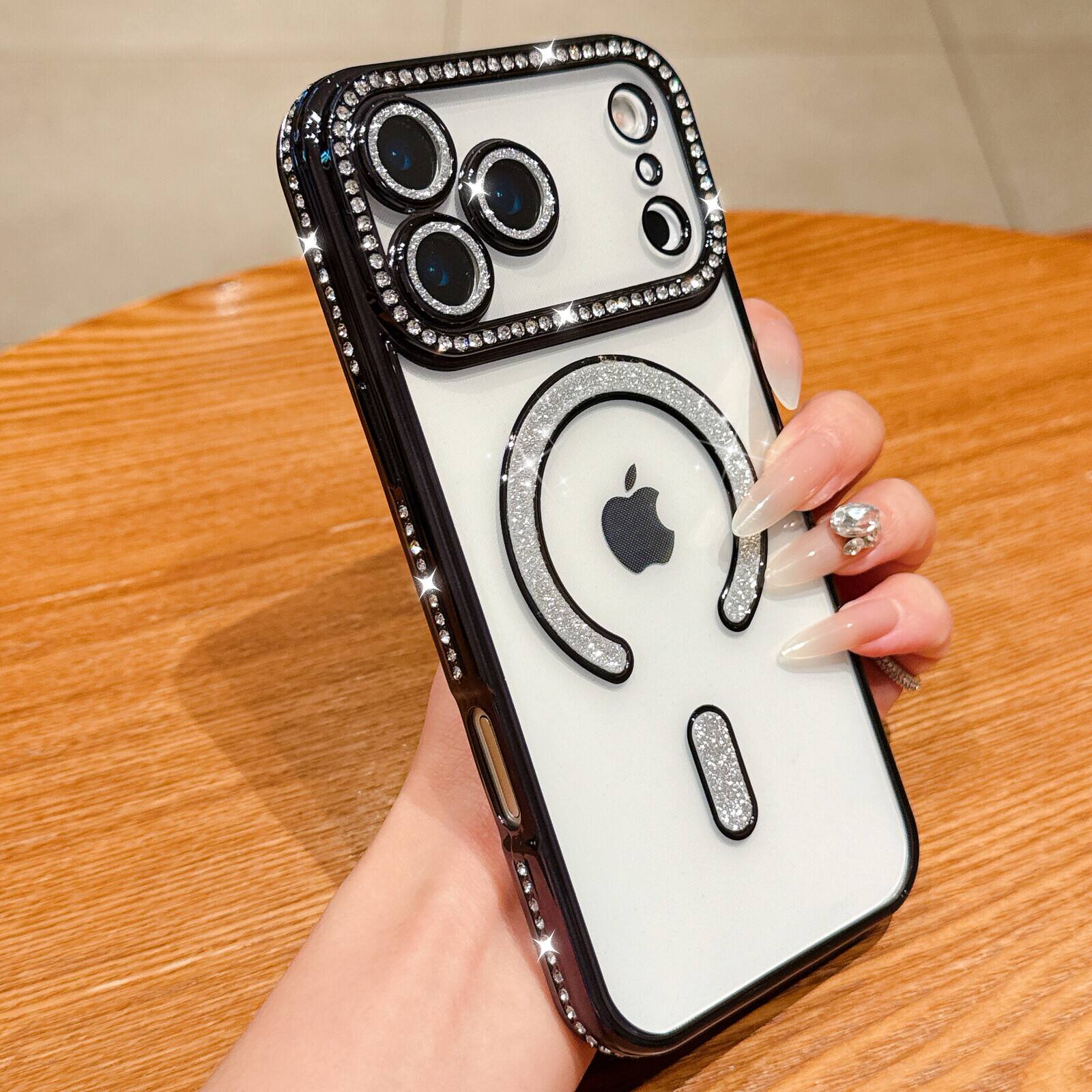 Front. UUCOVER - For Apple iPhone 17 Pro Max Magnetic Case with Camera Lens Protector, Compatible with MagSafe Slim Glitter Clear Cover - Black.