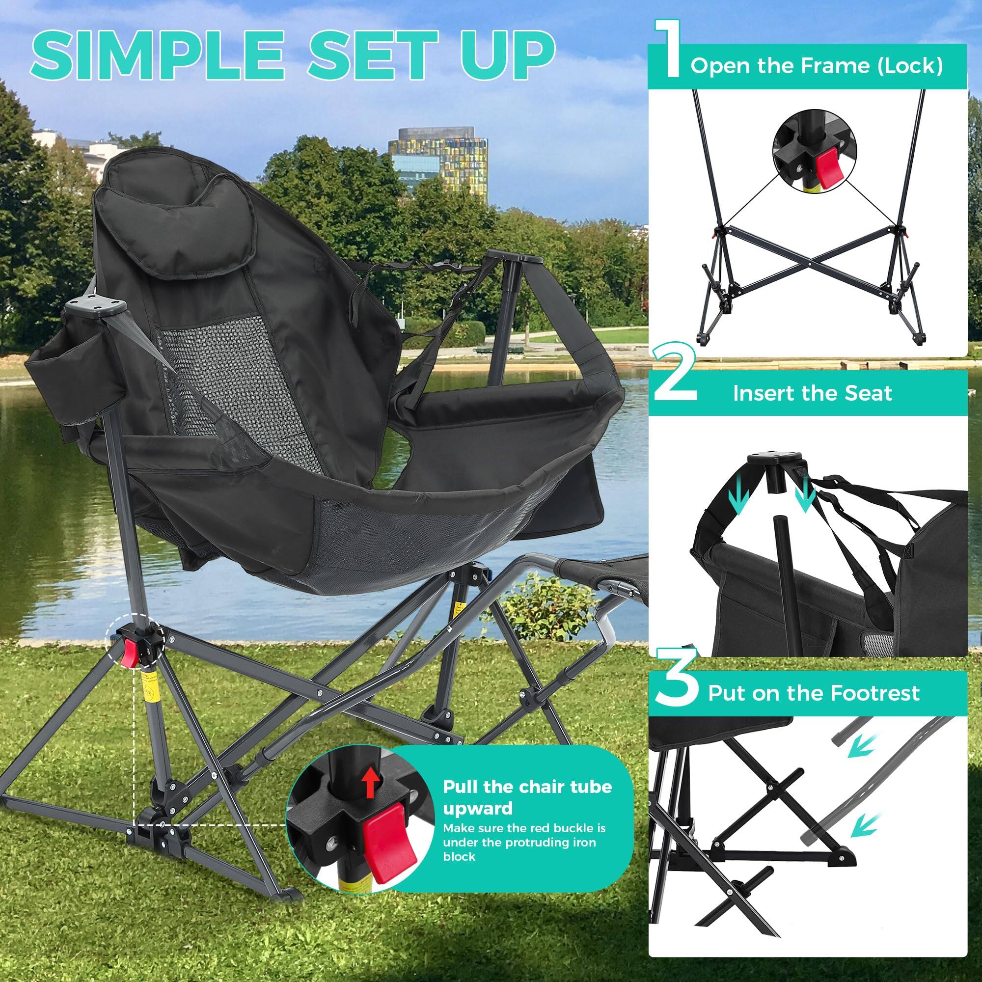 SIMPLE SET UP

1. Open the Frame (Lock)
2. Insert the Seat
3. Put on the Footrest

Pull the chair tube upward. Make sure the red buckle is under the protruding iron block