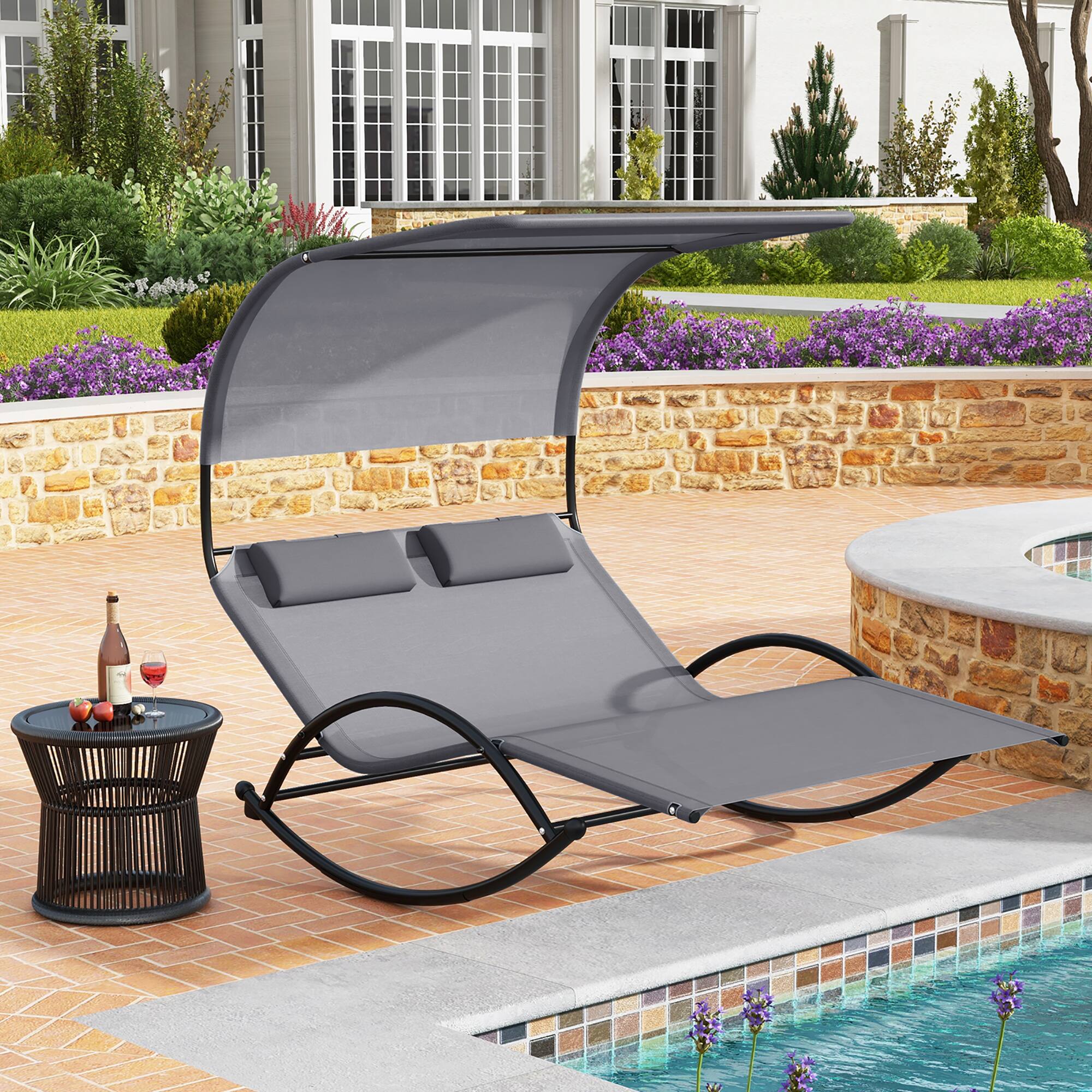 Alt View 3. Gymax - Gymax Outdoor Double Chaise Rocker Rocking Daybed Sun Lounger w/ Sun Shade Canopy - Gray.