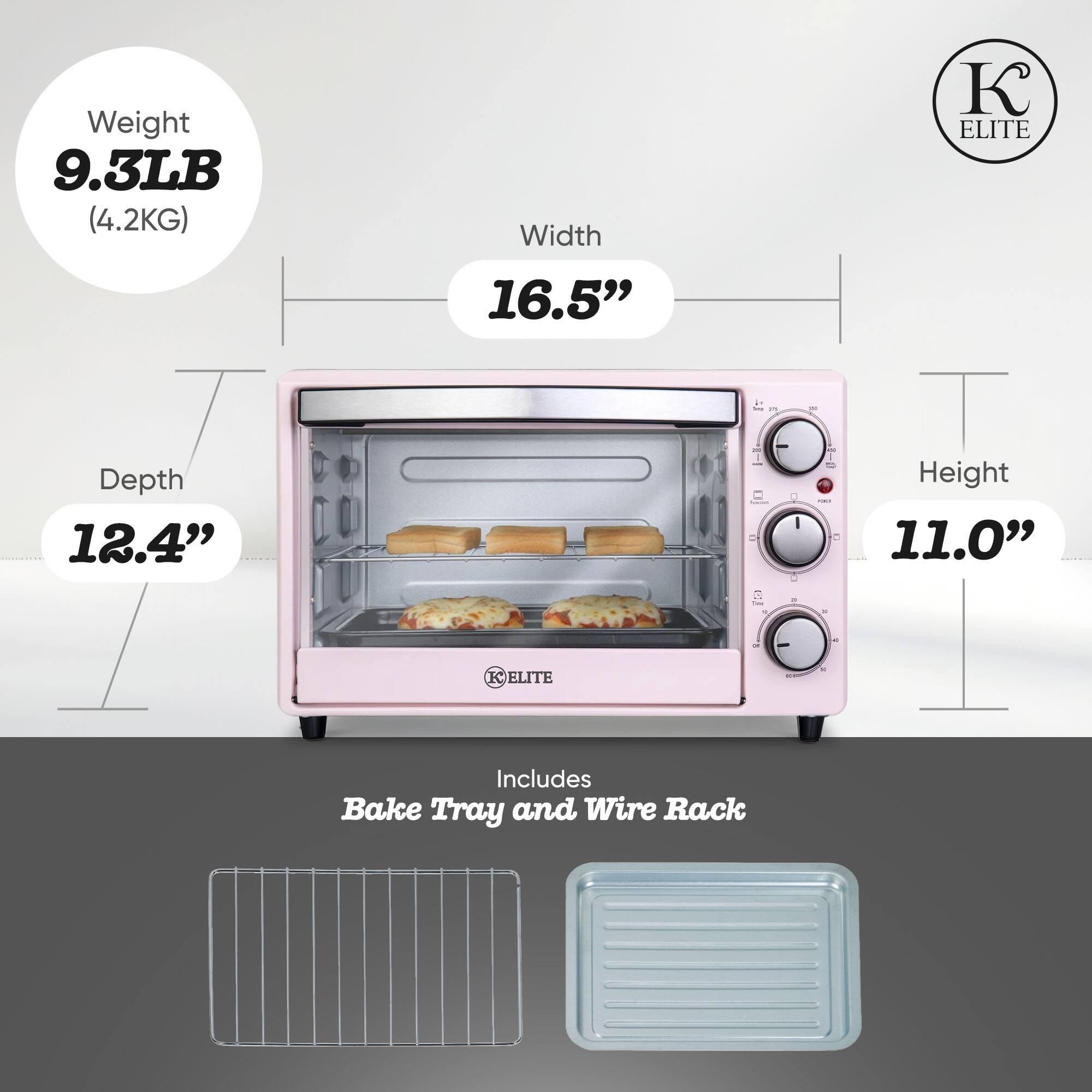 Weight 9.3LB (4.2KG)  
Width 16.5"  
Depth 12.4"  
Height 11.0"  

Includes Bake Tray and Wire Rack