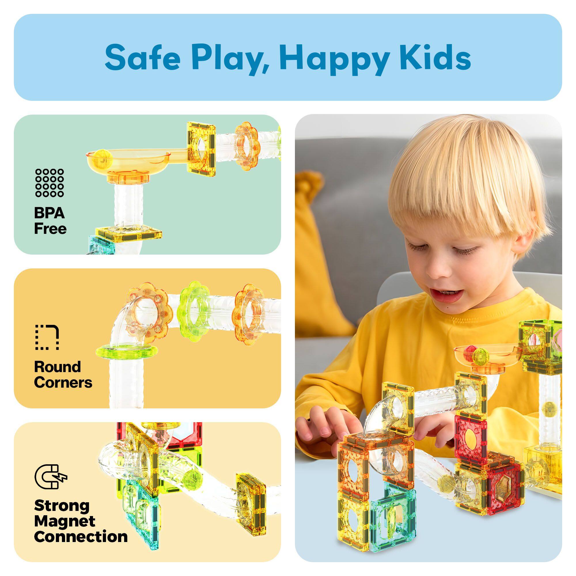 Safe Play, Happy Kids
BPA Free
Round Corners
Strong Magnet Connection