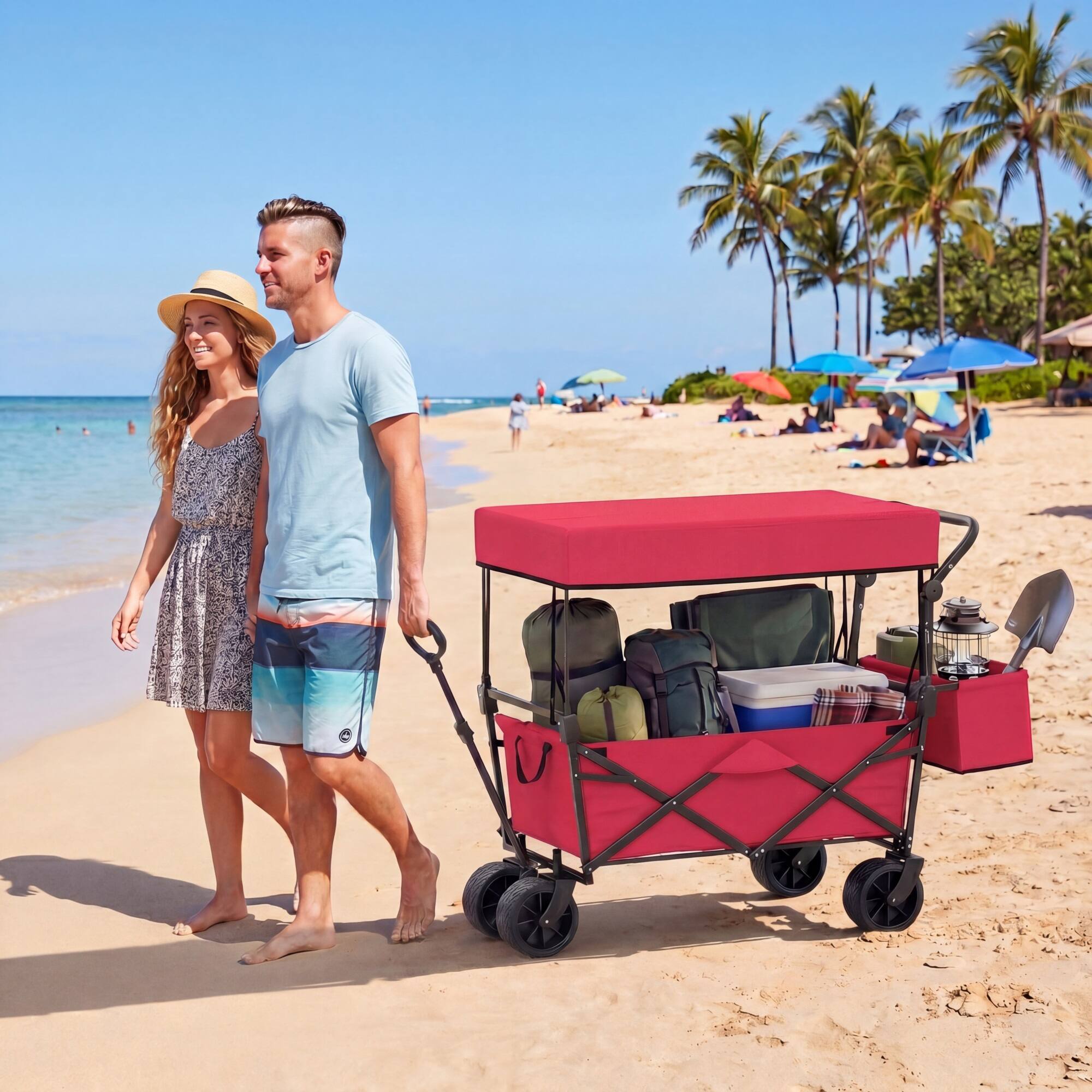 Alt View 1. Costway - Costway Folding Utility Wagon with Detachable Canopy, Collapsible Garden Cart with Adjustable Push & Pull Handles - Red.