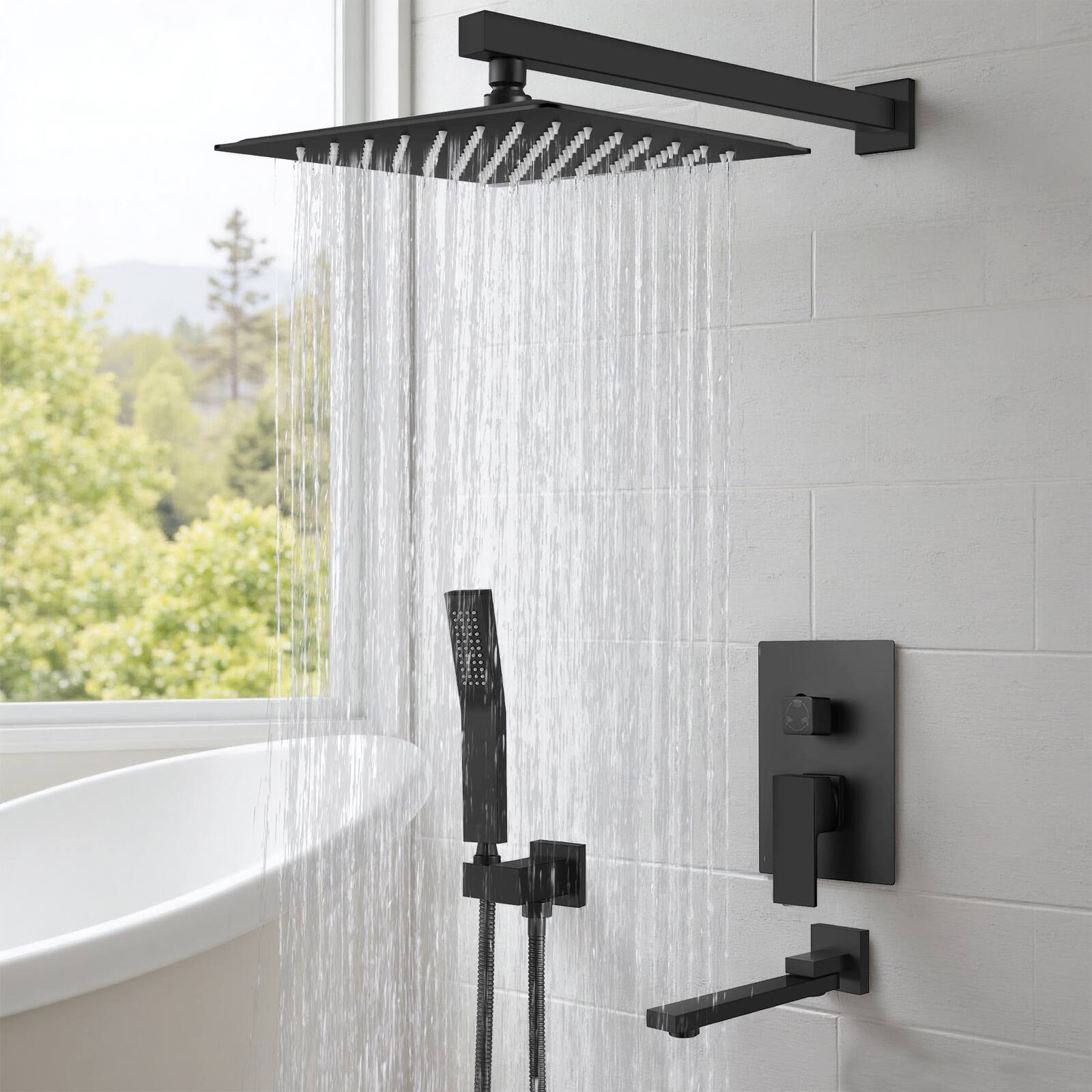 Alt View 5. Sweet - Rainfall Shower System with Shower Head and Square Handheld Shower Head Set - Matte Black.