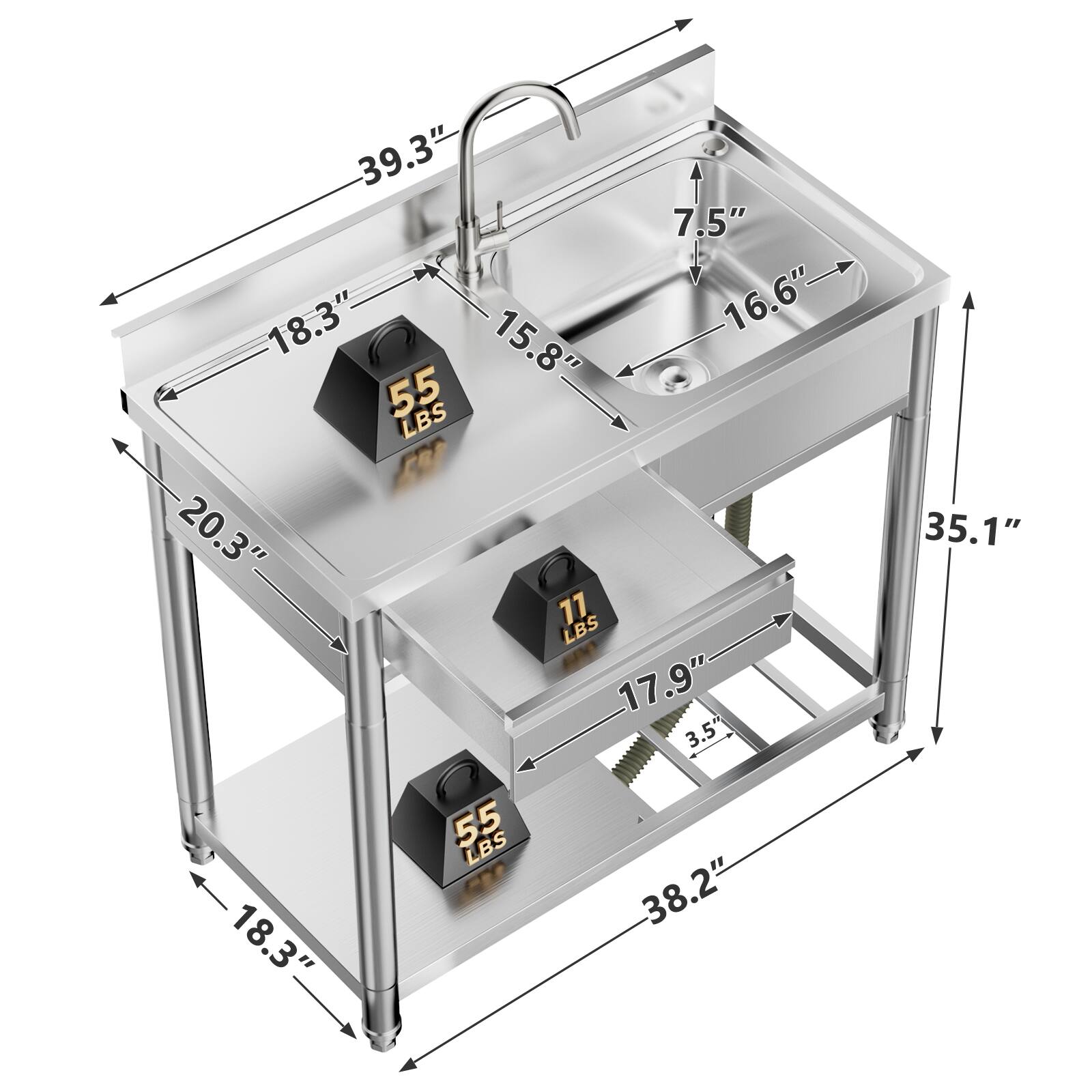 39.3" 7.5" 18.3" 16.6" 15.8" 55 LBS 20.3" 77 LBS 17.9" 3.5" 35.1" 18.3" 55 LBS 38.2"