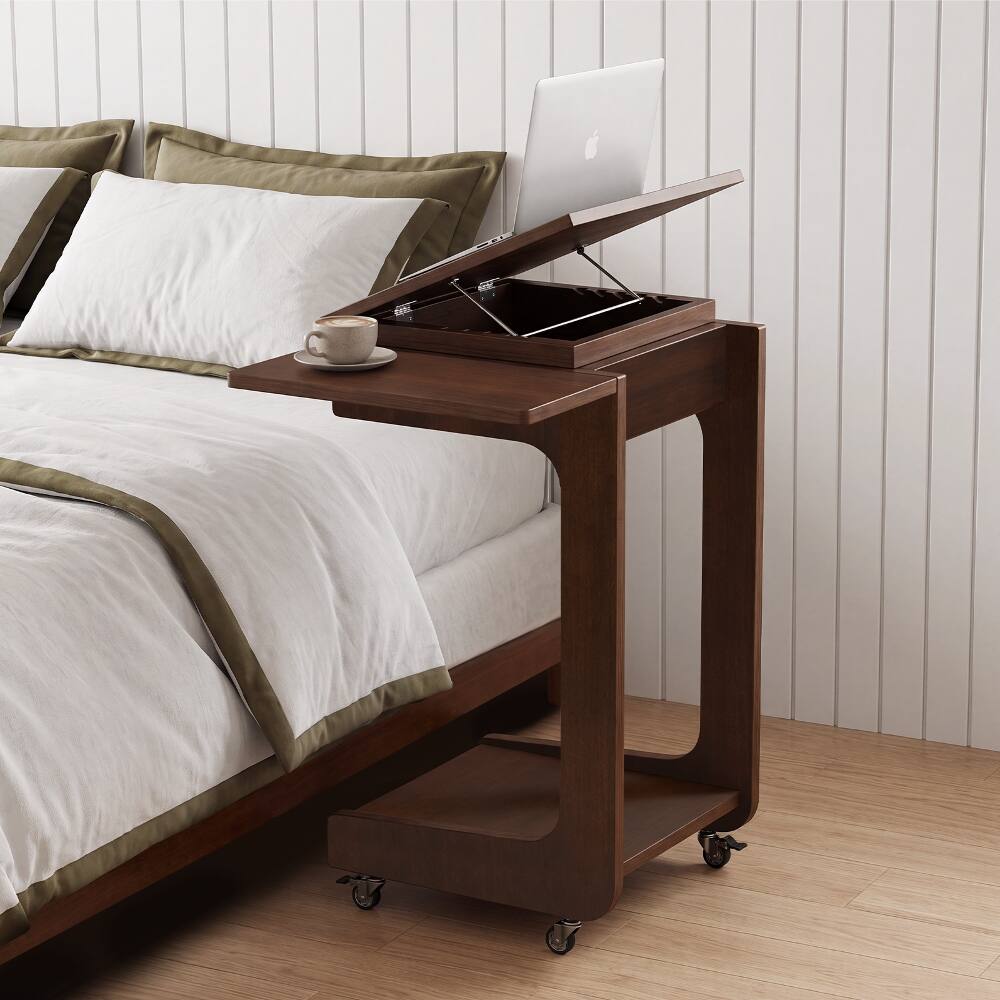 Alt View 2. Loheer - Loheer Solid Wood C Shaped End Table Rolling Side Table Walnut - Walnut.