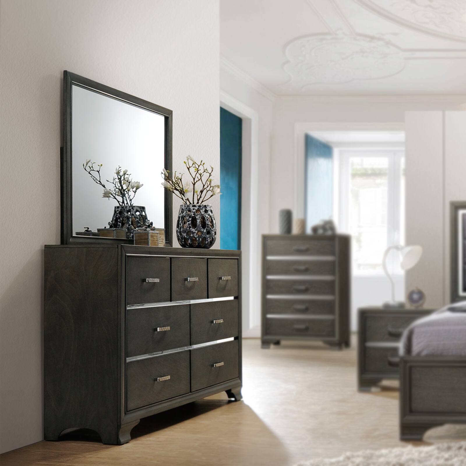 Angle. Kings Brand Furniture - Kings Brand Furniture Oceana Gray Wood 7-Drawer Dresser with Mirror - Dark Grey.