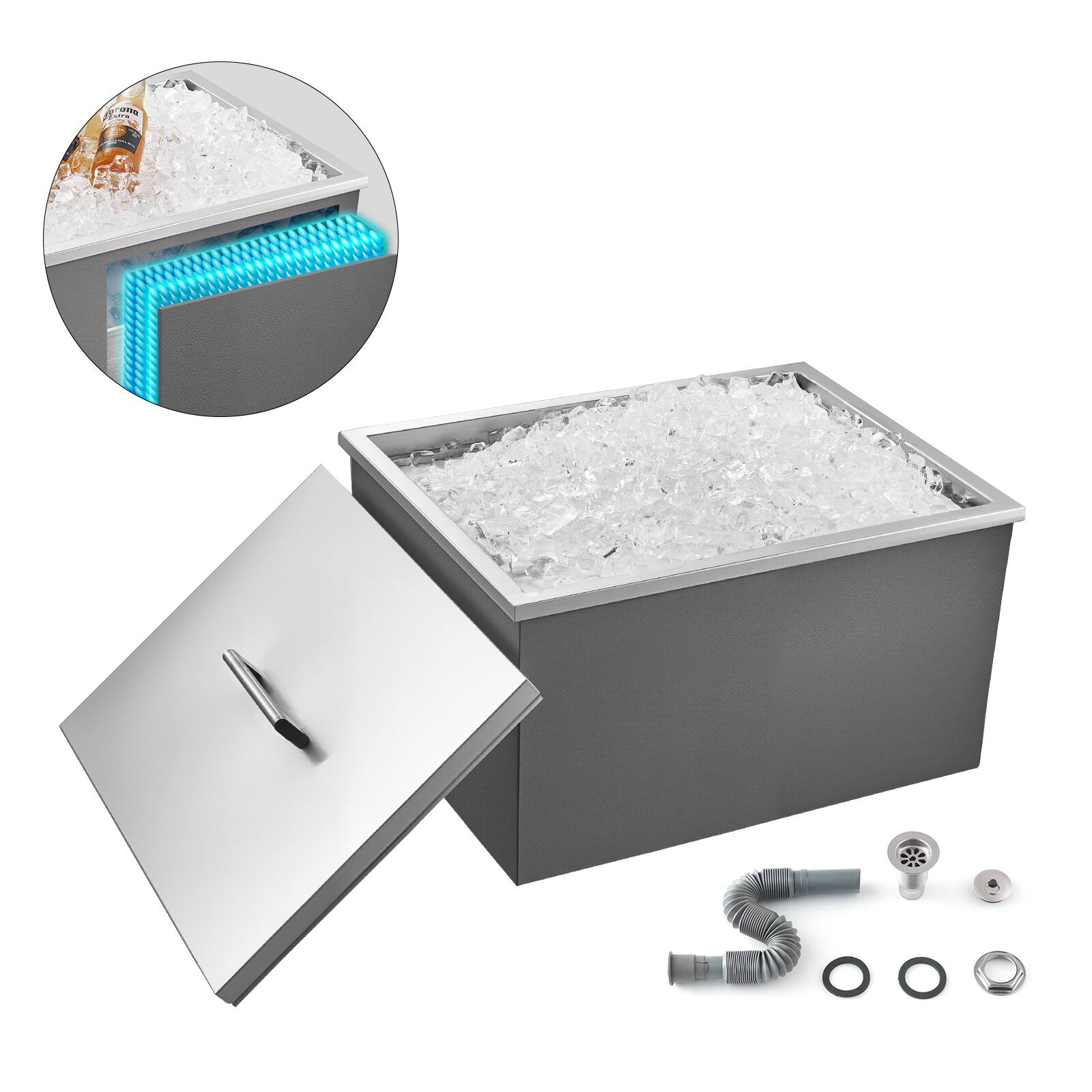 Front. VEVOR - Drop in Ice Chest, 22"L x 17"W x 12"H Stainless Steel Drop in Cooler, 45.3 Quart Commercial Ice Bin - Silver.