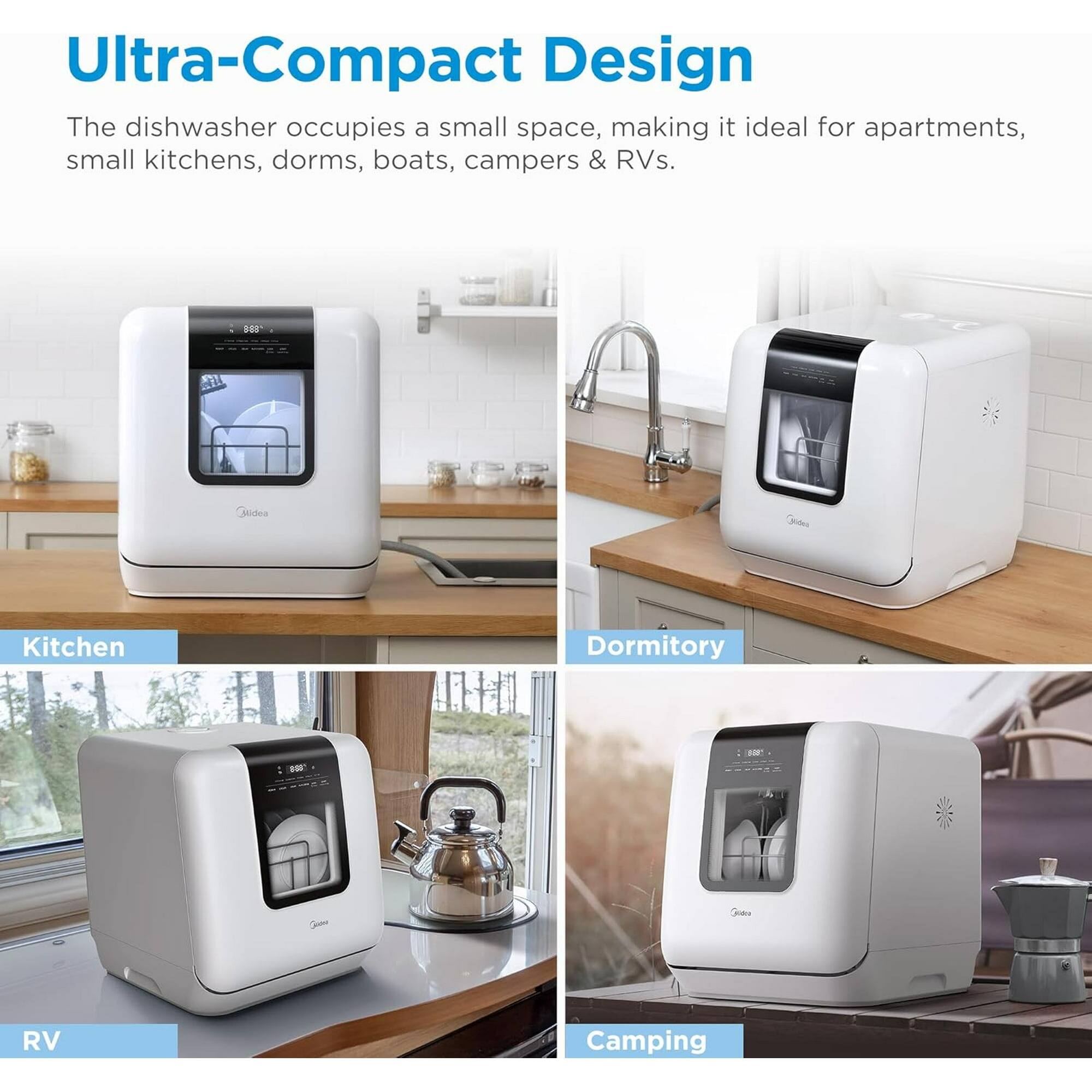 Ultra-Compact Design

The dishwasher occupies a small space, making it ideal for apartments, small kitchens, dorms, boats, campers & RVs.

Kitchen

Dormitory

RV

Camping