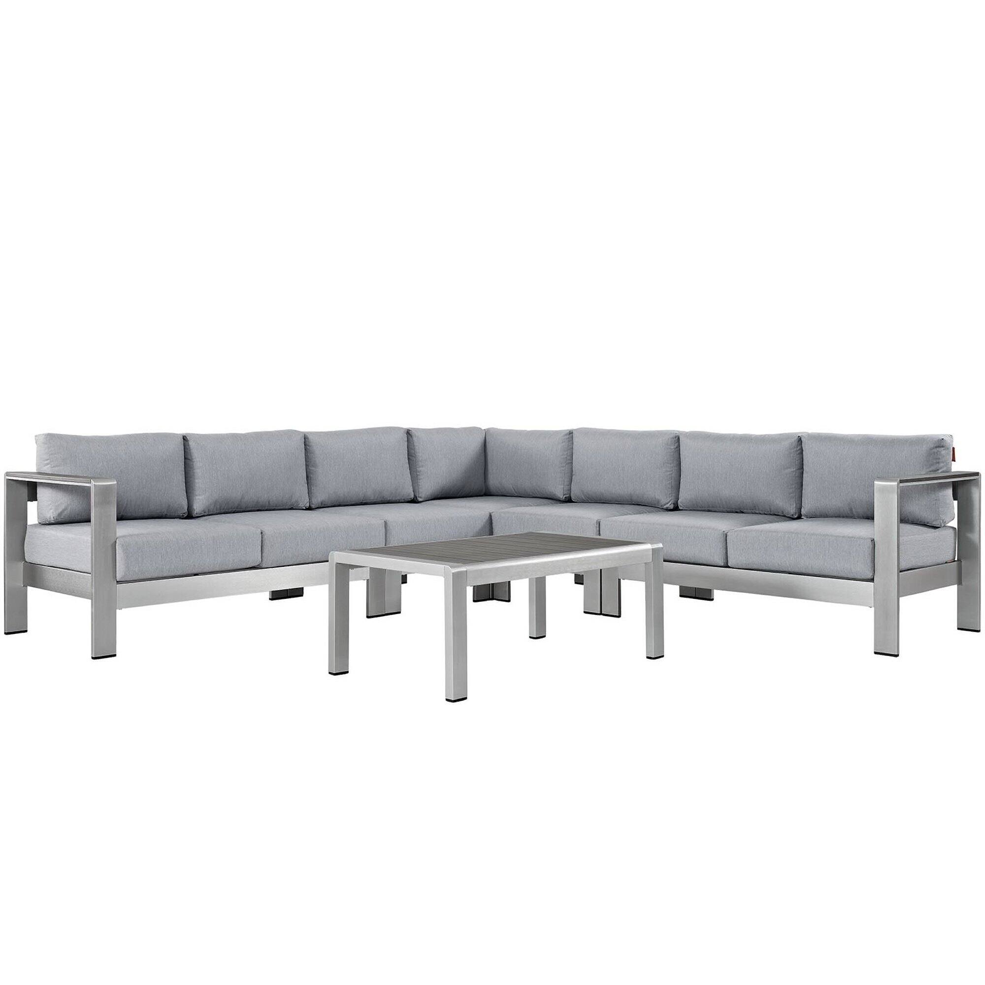 Front. Modway - Shore 6-Piece Outdoor Aluminum Sectional Sofa Set, All-Weather Cushions - Silver Gray.