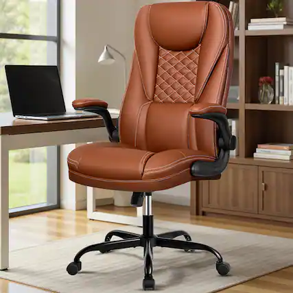 Front. KERDOM - Ergonomic PU Leather Chair with Flip-Up Arms, Executive Manager Chair, High Back Home Office Desk Chair Computer Chair - Brown.