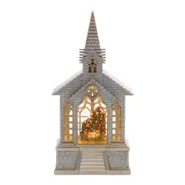 BreeBe - LED Snow Globe Church with Nativity 8.25"H - Silver, Gold