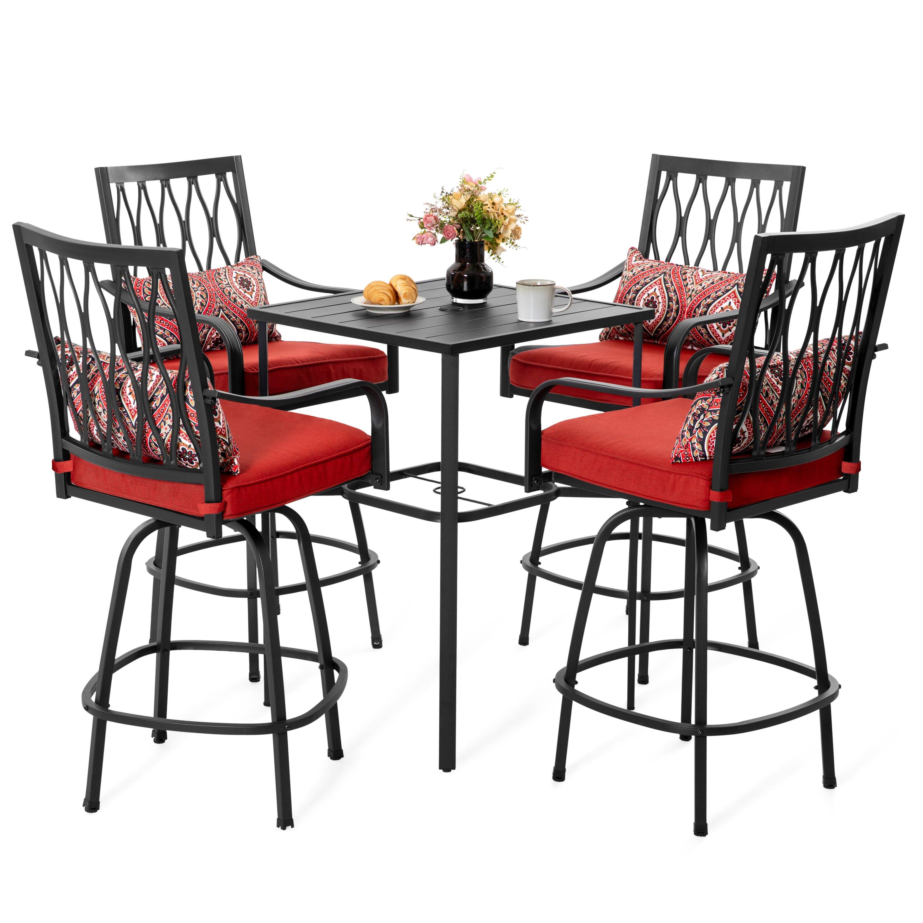 Alt View 8. Nuu Garden - Outdoor 5PCS Metal Swivel Bar Set with Umbrella Hole and Padded Cushions - Black and Red.