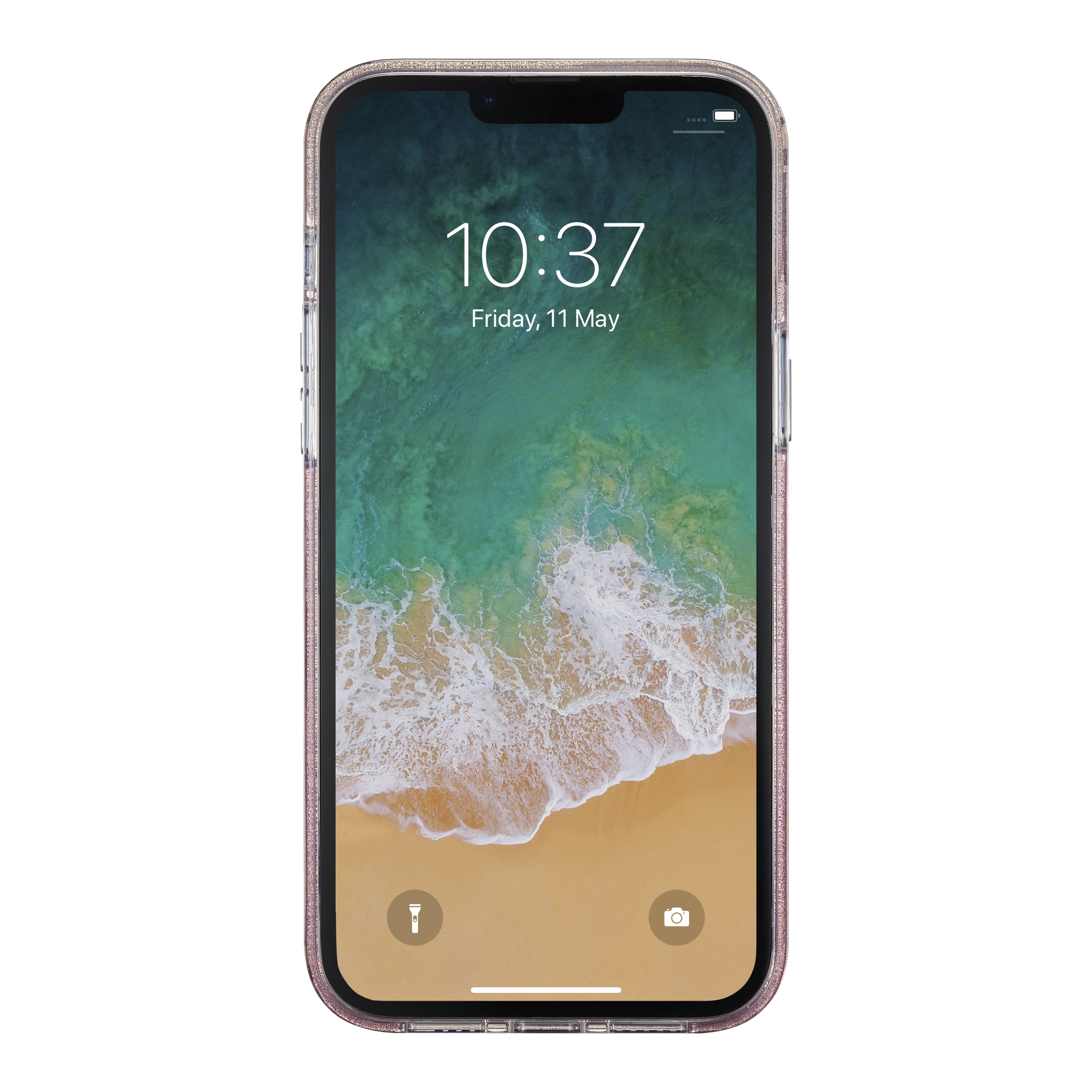 The image shows a cell phone with a picture of a wave on the screen. The time displayed on the screen is 10:37, and it is Friday, May 11.