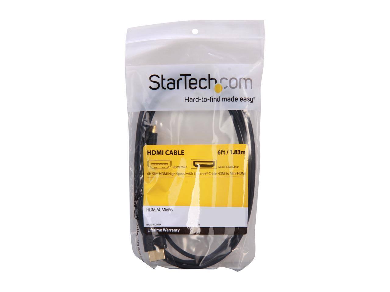 StarTech.com  
Hard-to-find made easy  

HDMI CABLE  
6ft / 1.83m  

HDMI Male to Mini HDMI Male  
6ft Slim HDMI High Speed with Ethernet® Cable HDMI to Mini HDMI  

HDMIACMM6S  

Lifetime Warranty