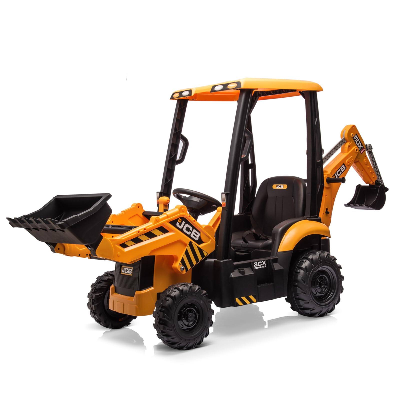 GARVEE - 4 in 1 JCB Ride On Excavator, 12V Kids Toy with Remote Control & Front Loader & Digger, Four Transformable Forms - Yellow