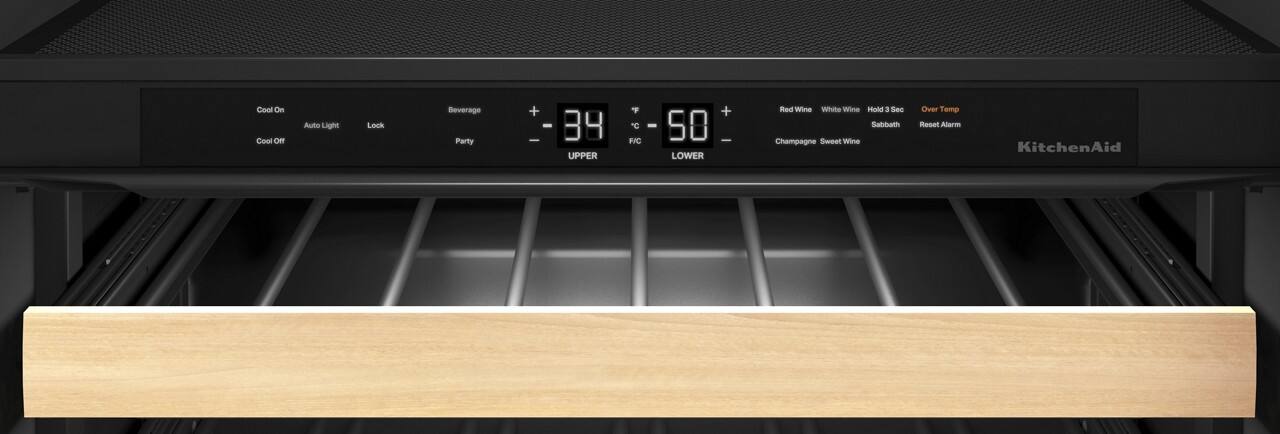 Cool On  
Cool Off  
Auto Light  
Lock  

Beverage  
Party  

39°F  
50°F  

UPPER  
LOWER  

Red Wine  
White Wine  
Champagne  
Sweet Wine  

Hold 3 Sec  
Sabbath  
Over Temp  
Reset Alarm  

KitchenAid