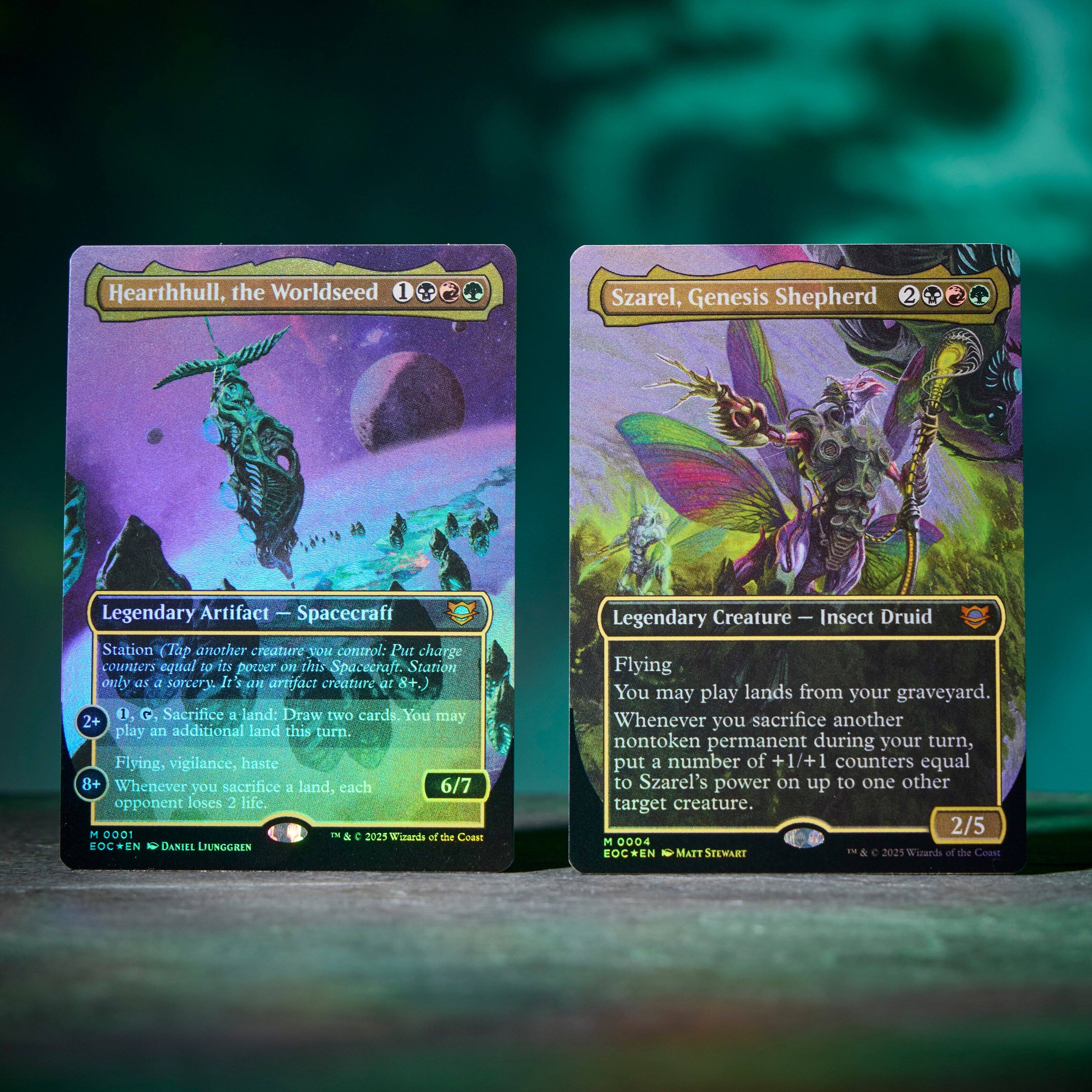 Hearthhull, the Worldseed 1
Legendary Artifact | Spacecraft
Station (Tap another creature you control: Put charge counters equal to its power on this Spacecraft. Station only as a sorcery. It is an artifact creature at 8+).
O, Sacrifice a land: Draw two cards. You may play an additional land this turn.
Flying, vigilance, haste
8+ Whenever you sacrifice a land, each opponent loses 2 life.
M 0001
C 2021 Wizards of the Coast
BOCKEN DANIEL LIUNGGREN

Szarel, Genesis Shepherd 2
Legendary Creature | Insect Druid
Flying
You may play lands from your graveyard.
Whenever you sacrifice another nontoken permanent during your turn, put a number of +1/+1 counters equal to Szarel's power on up to one other target creature.
2/5
0004 EOC MATT STEWART
& 2 2025 Wizards of the Coast