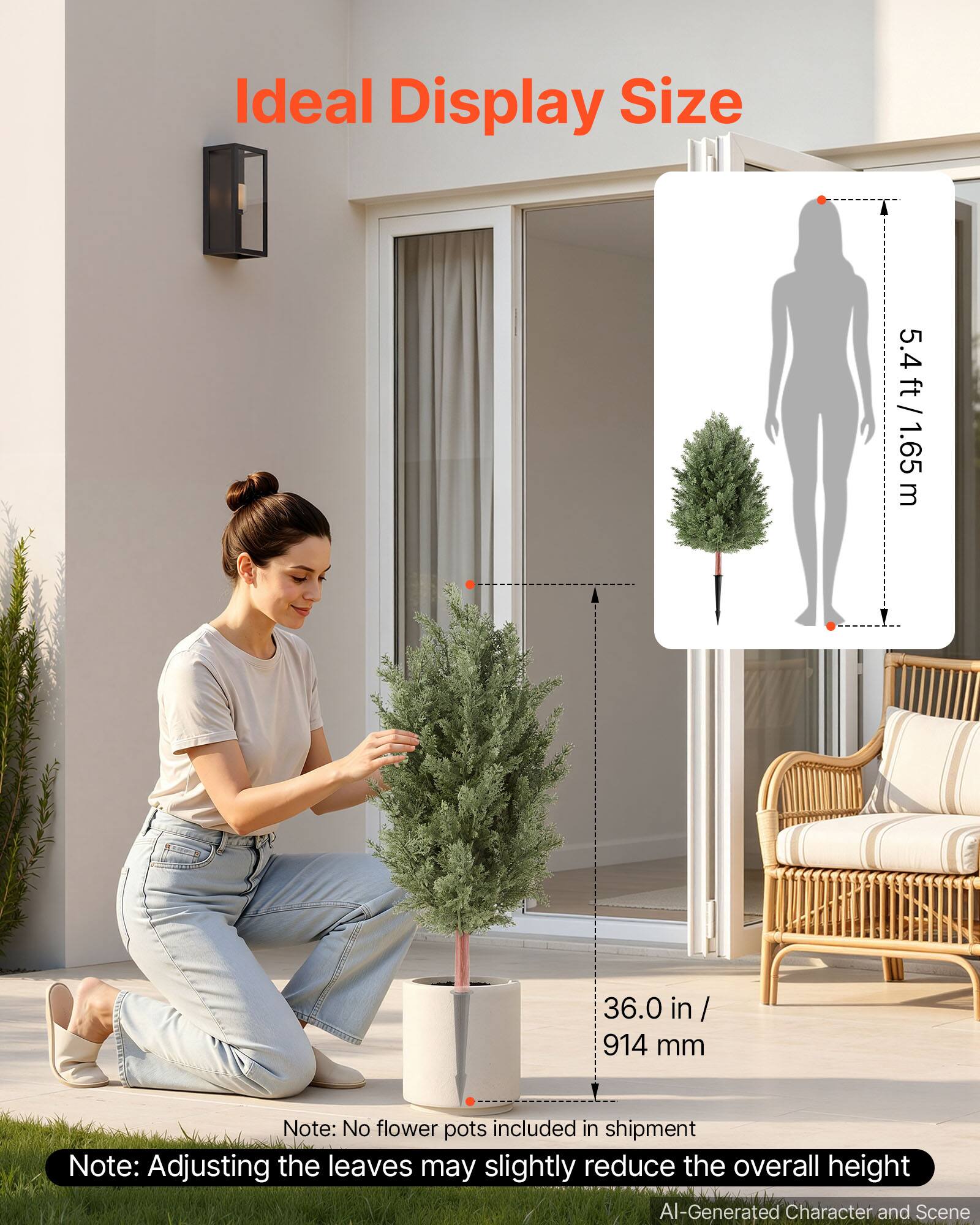 Ideal Display Size  
5.4 ft / 1.65 m  
36.0 in / 914 mm  

Note: No flower pots included in shipment  
Note: Adjusting the leaves may slightly reduce the overall height  

AI-Generated Character and Scene