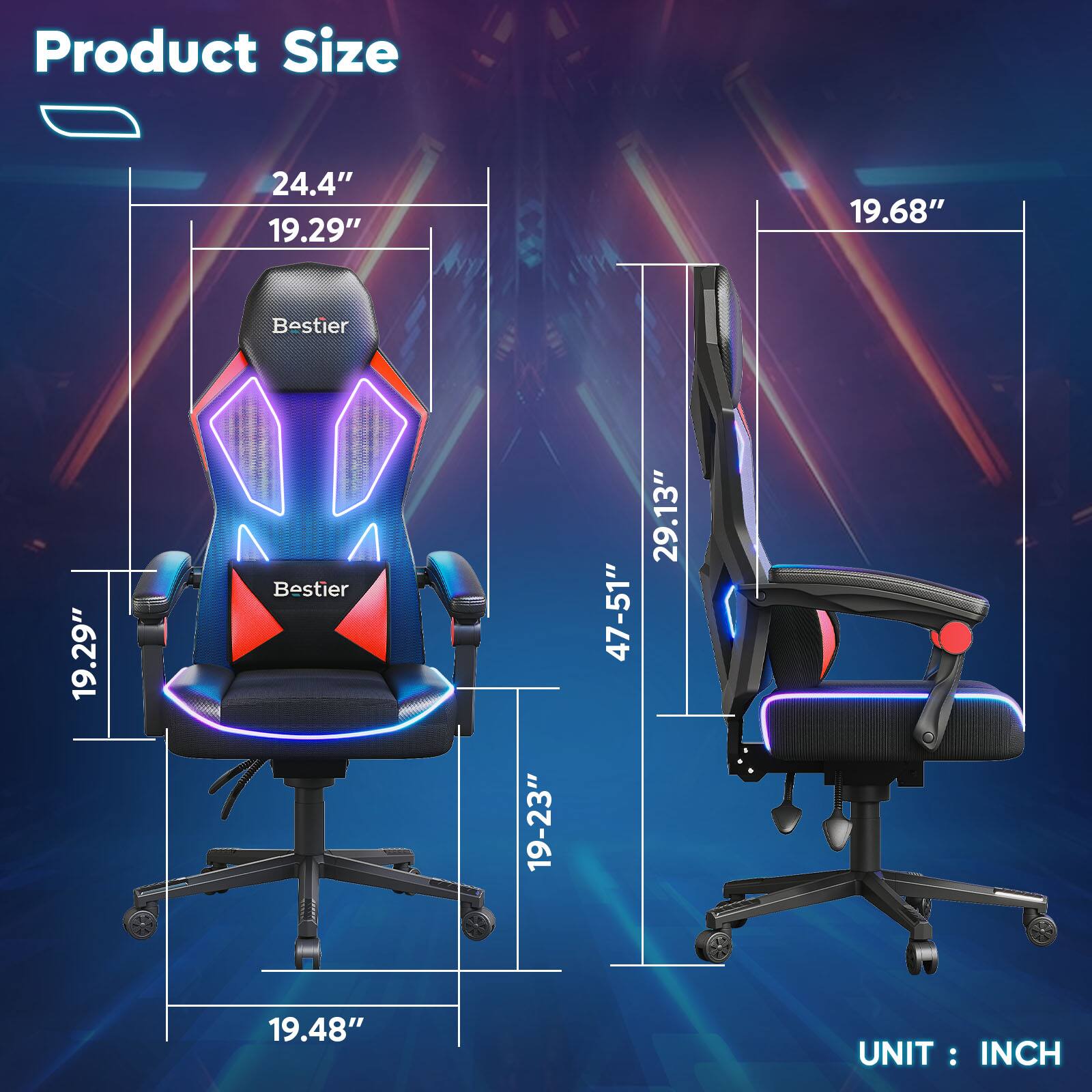 Product Size: 24.4" 19.29" 19.68" Bestier 19.29" Bestier 19-23" 47-51" 29.13" 19.48" UNIT: INCH