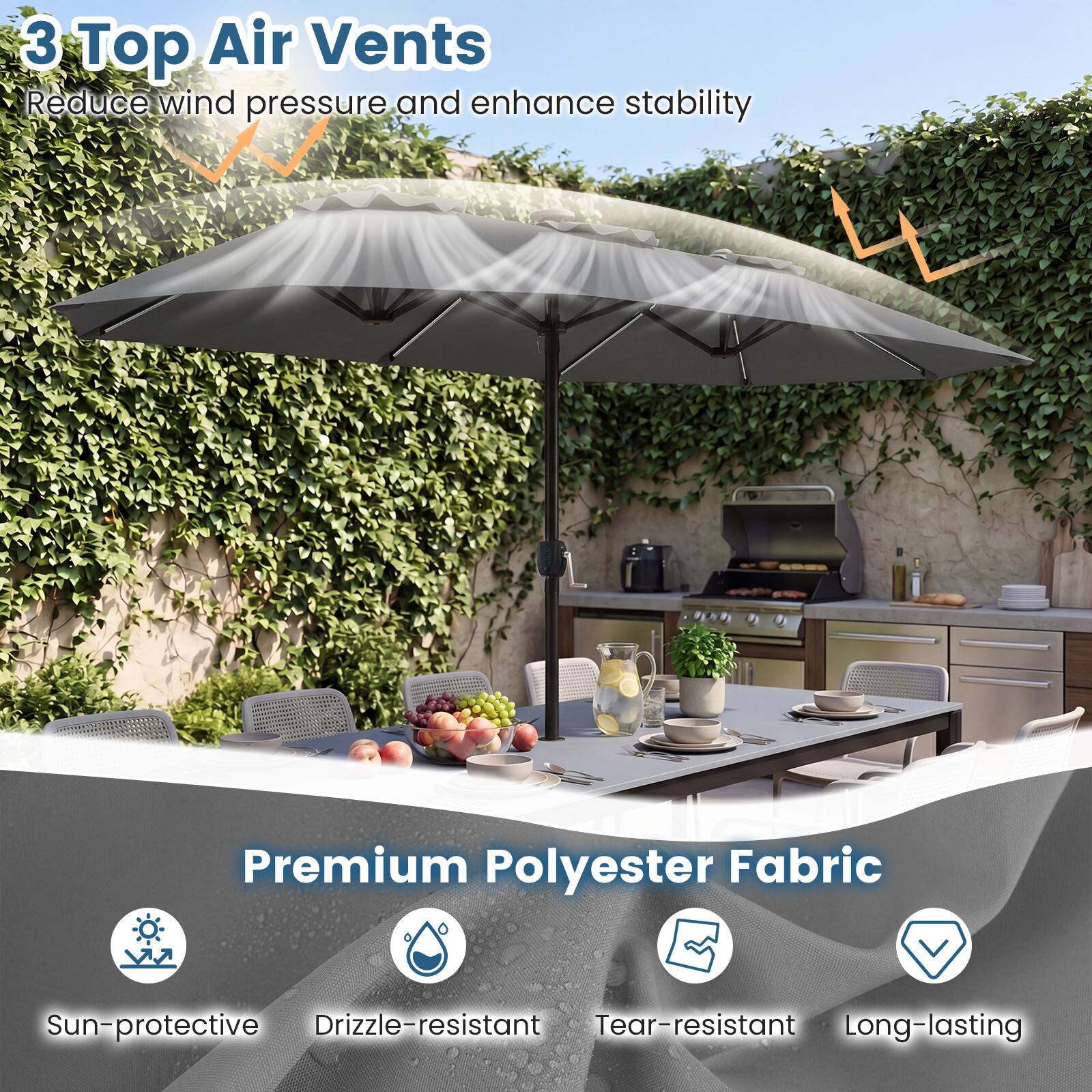3 Top Air Vents  
Reduce wind pressure and enhance stability  

Premium Polyester Fabric  
Sun-protective  
Drizzle-resistant  
Tear-resistant  
Long-lasting