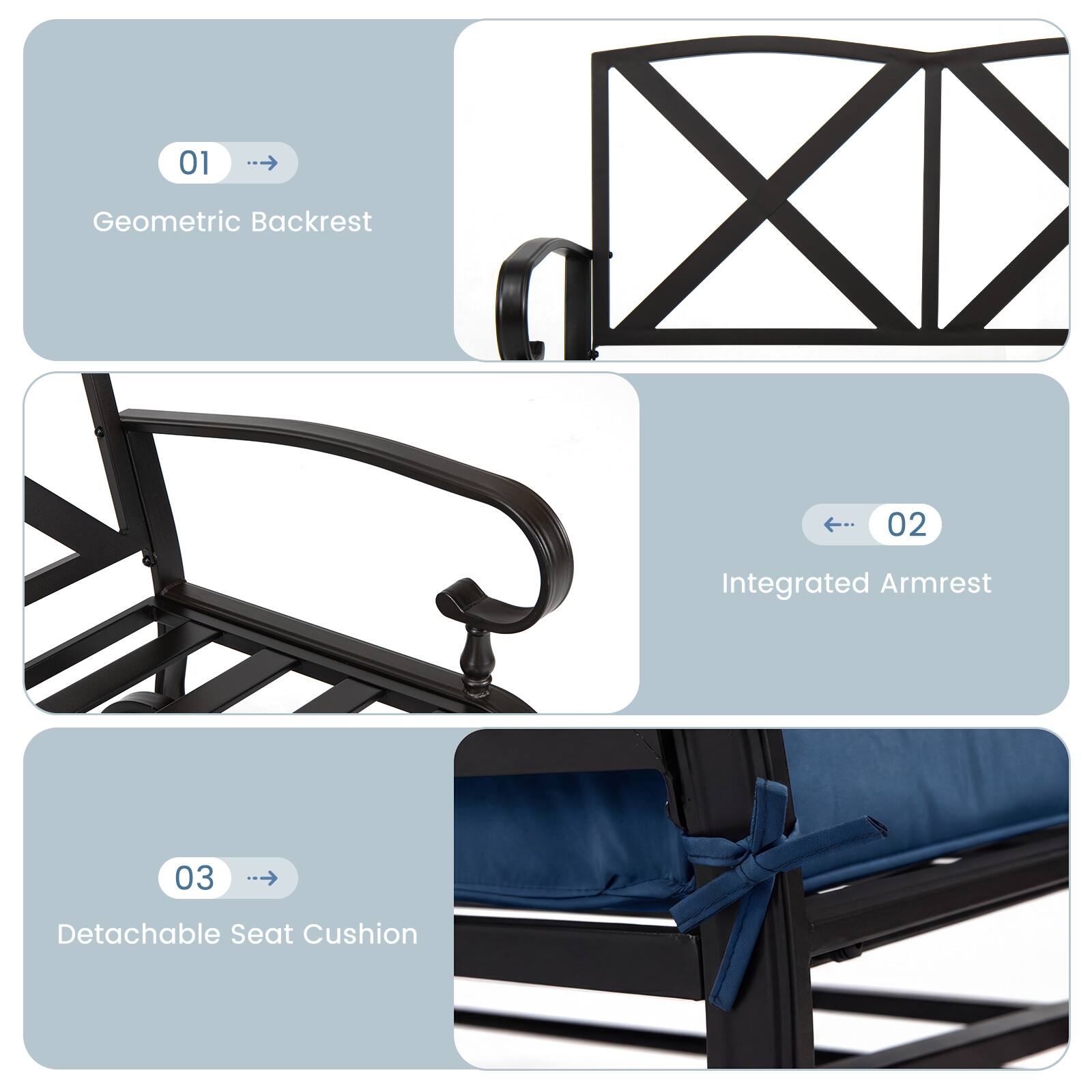 01 Geometric Backrest  
02 Integrated Armrest  
03 Detachable Seat Cushion
