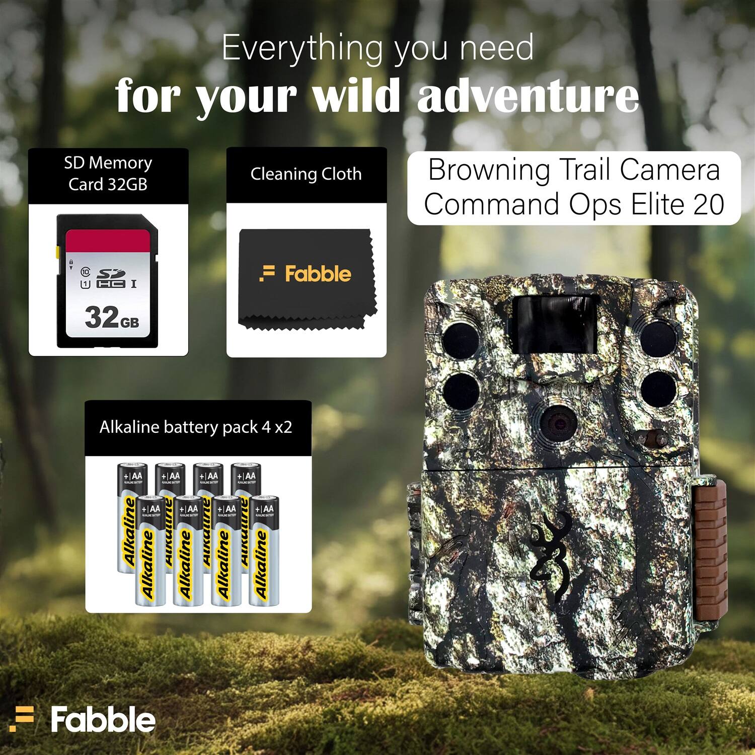 Everything you need for your wild adventure

- SD Memory Card 32GB
- Cleaning Cloth
- Browning Trail Camera Command Ops Elite 20
- Alkaline battery pack 4 x 2 (AA)