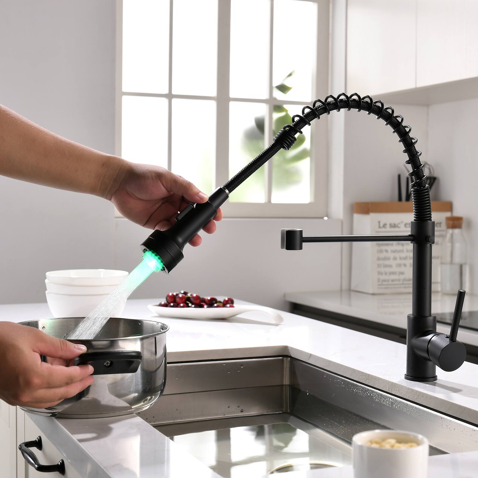 Back. APRILSOUL - Led Commercial Kitchen Faucet With Pull Down Sprayer Single Handle Single Lever Kitchen Sink Faucet - Black.