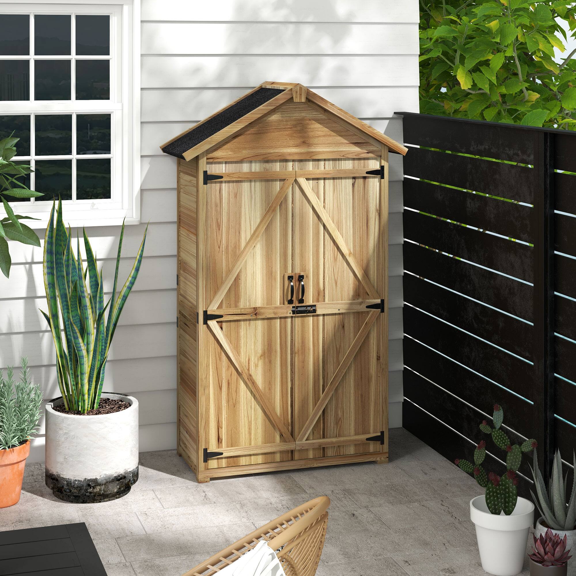 Alt View 1. Outsunny - Outdoor Storage Cabinet with Waterproof Asphalt Roof, Wooden Garden Shed with Double Lockable Doors and Shelves - Natural Wood.